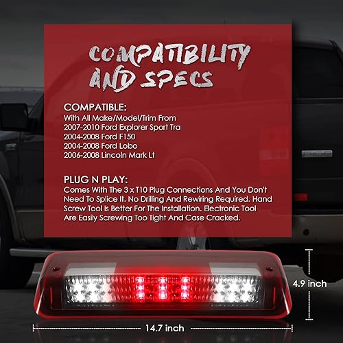 Miniatura 7 de 3 luz de freno de montaje alto compatible con Ford 04-08, Ford Explorer Sport Trac 07-10, Lincoln Mark LT 06-08 Third Center - Barra de luz de freno