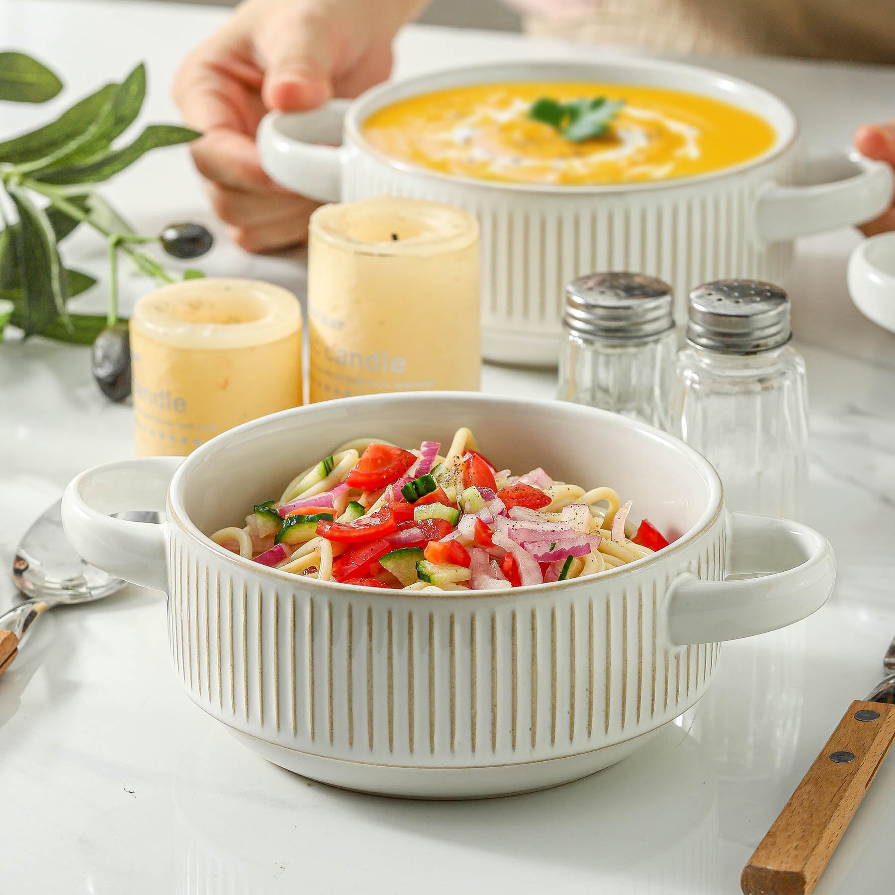 Cuencos de sopa con asas, vasijas de sopa de cebolla francesa de 20 onzas, cuenco de sopa apilable apto para horno para chile, guiso de res, juego de cuencos de cerámica en relieve, 5.4 pulgadas,