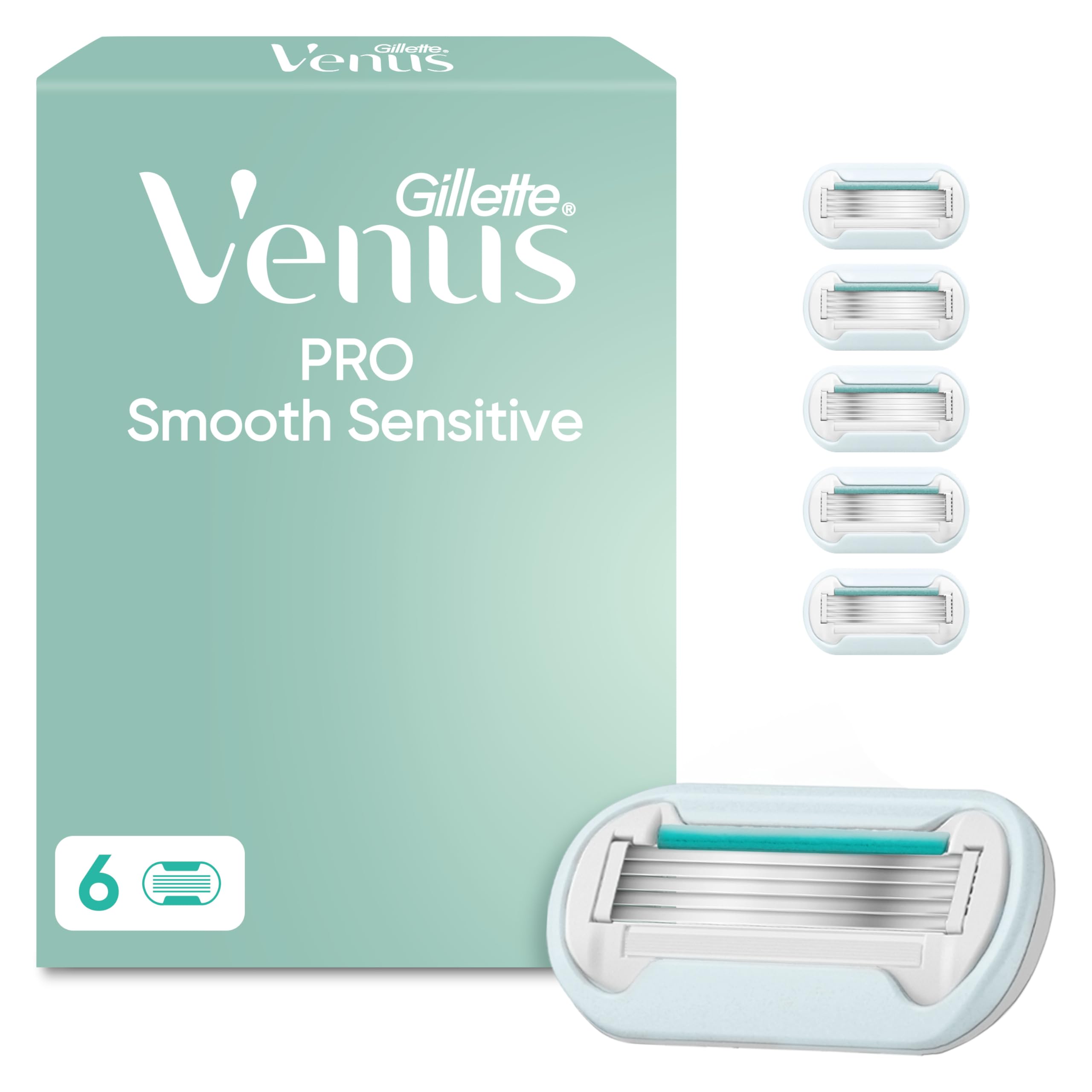 Gillette Venus Pro Smooth Sensitive Women’s Razor Blade Refills, Pack of 6, 5 Blade System, Long Lasting Shave, SkinCushion Technology, Aloe Vera Lubrication, Sensitive Skin