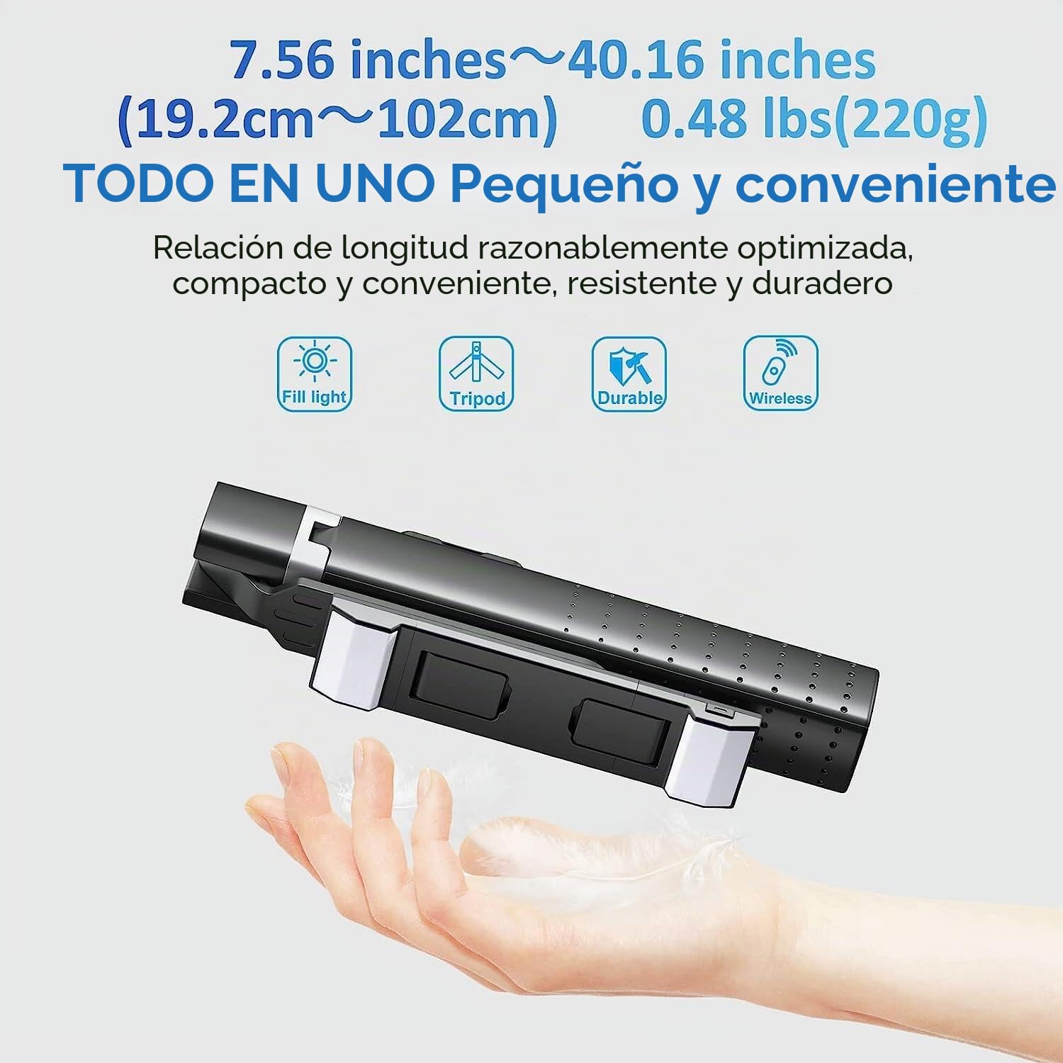 Triángulo de palo selfie de 41 pulgadas con luces de relleno recargables, extensible con control remoto Bluetooth, acero inoxidable, 3 modos, 9 niveles de brillo