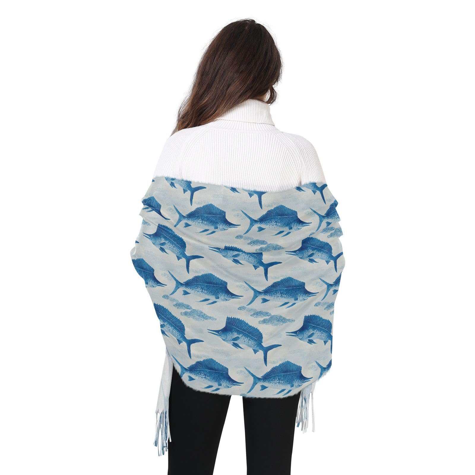 YMGQYJ Women's Cashmere Feel Scarf Sailfishes Print, Single Sided Pattern Pashminas Shawl Wrap Large Size with Tassels