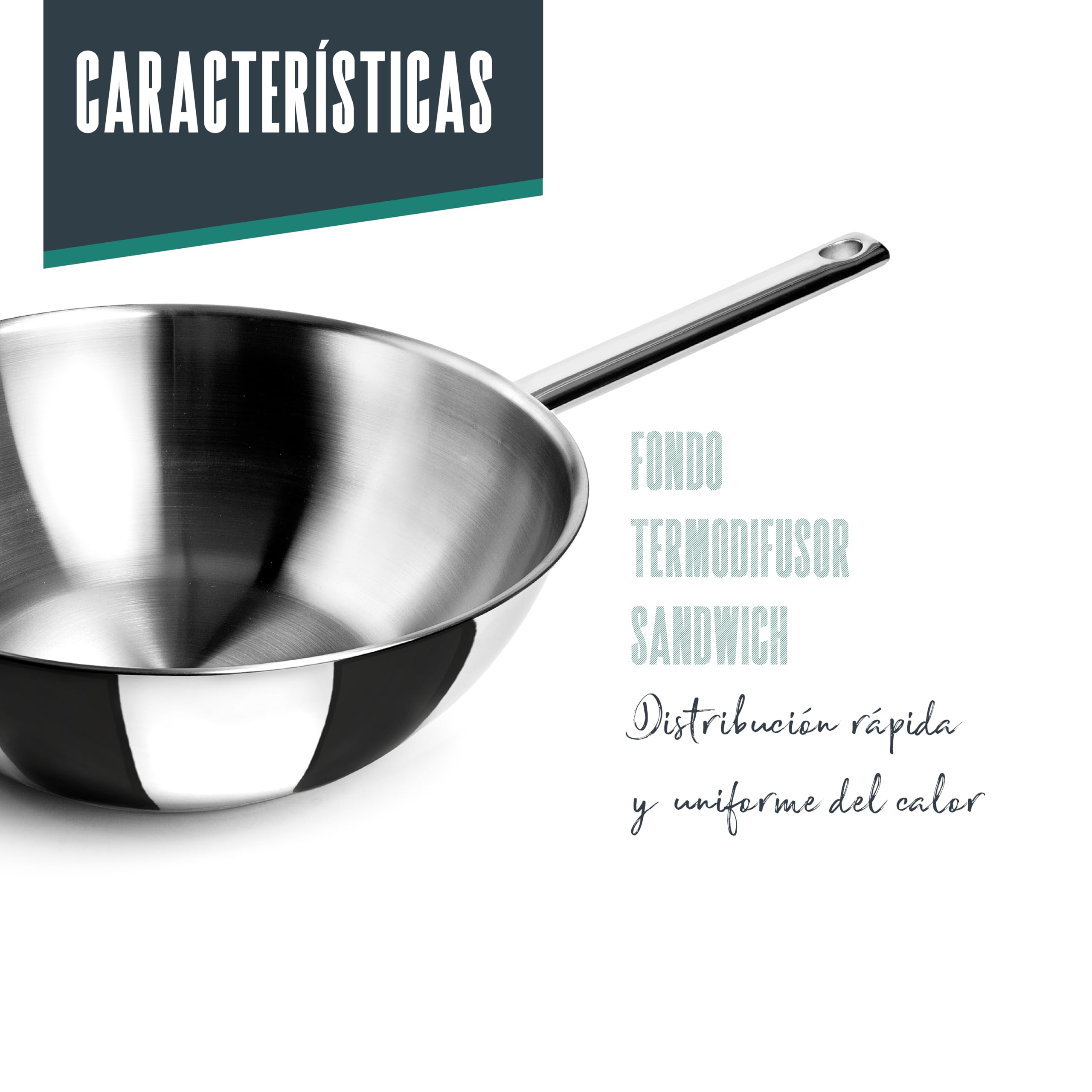 Lacor - 79830 - Wok Belly, Acero Inoxidable 18/10, Ø 30cm, 4,50 litros, Apto para inducción, Fondo Sándwich, Apto para horno, Apto para lavavajillas