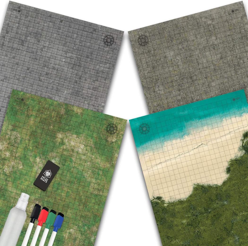 Battle Grid Game Mat - 2 Pack DOUBLESIDED - Portable Tabletop Role-Playing Map - Dungeons RPG Dice Dragons Starter Set - Tabletop Gaming Paper Terrain - Reusable Figure Board Game - 24 x 36