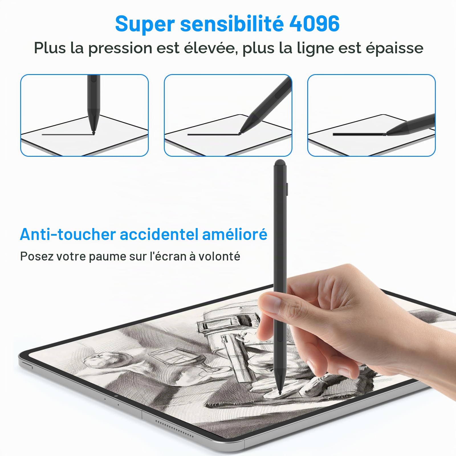 Stylet pour Surface Pro 12/11/10/9/8/7, Stylo Rechargeable avec Rejet de la Paume, 4096 Niveaux de Pression, Magnétique pour Surface Laptop 1-5, Surface Go 4/3/2, Book, Studio