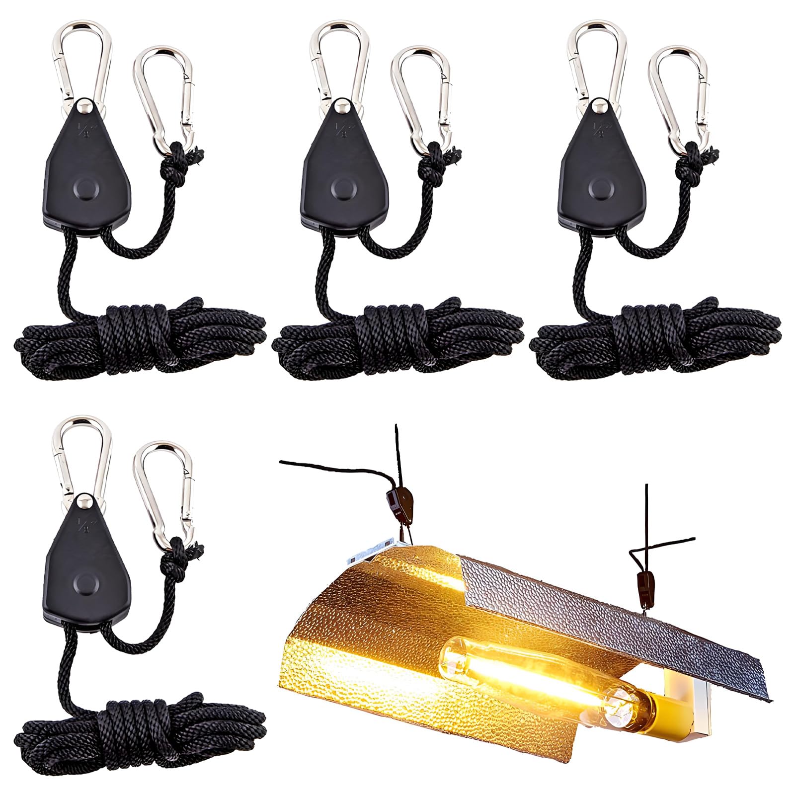 Reflective Tent Guy Ropes, 4Pcs Reflective Cord Tent Guide Rope, 2M Tents Guy Ropes with Pulley for Outdoor Camping Hiking Awning Tents Plant Growing (Black)