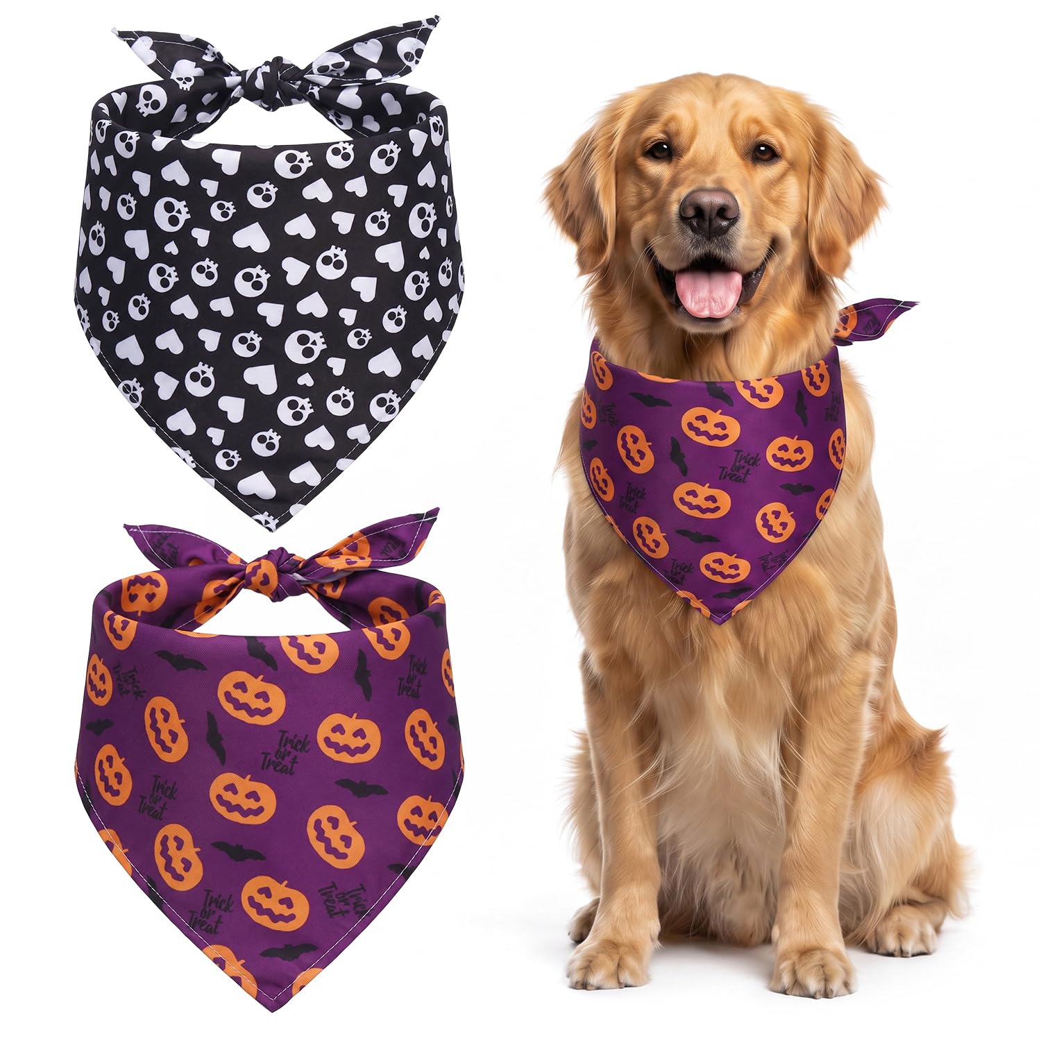 2 pcs triangle halloween bandana for dogs cats with Skull pumpkin bat
