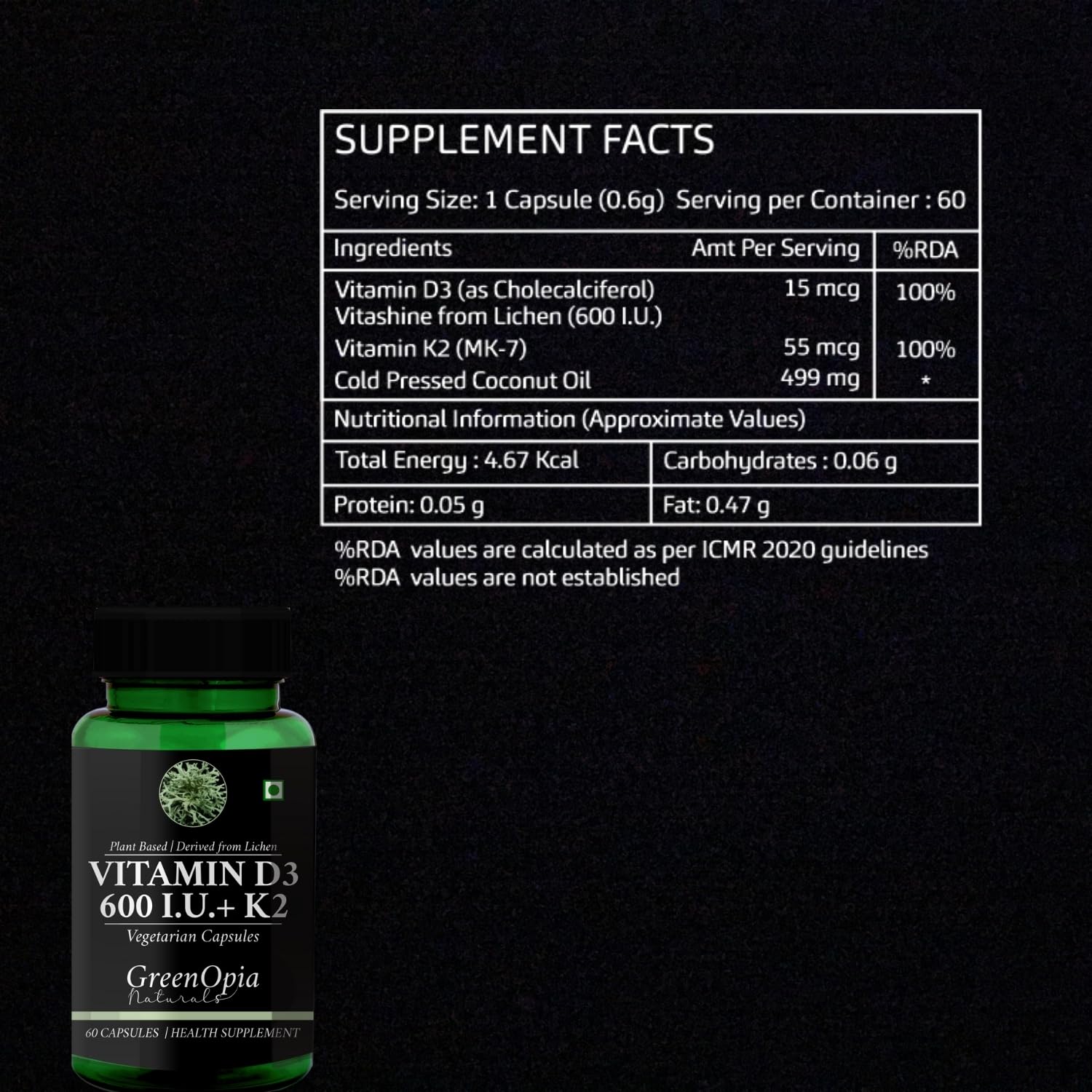 Plant Based Vitamin D3 600 IU + K2 | 60 Vegetarian Capsules — Amazon image 4
