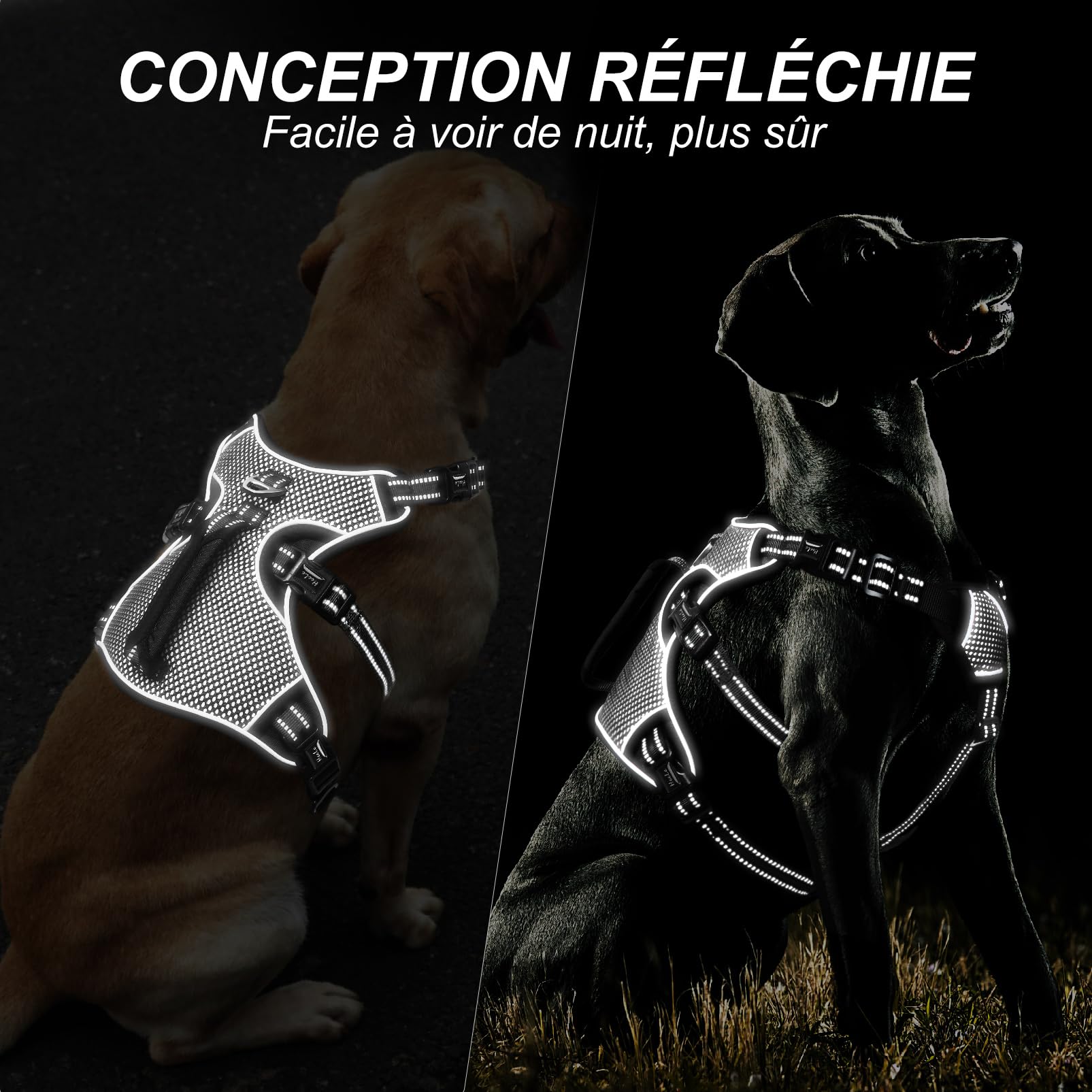 HEELE Arnes para Perros No Escape, Arnes Antitirones Perro Antiescape, Liberación en Cuello, Arnés Totalmente Reflectante con asa Acolchada, Arnés para Perros Grandes y Activos, Negro, S