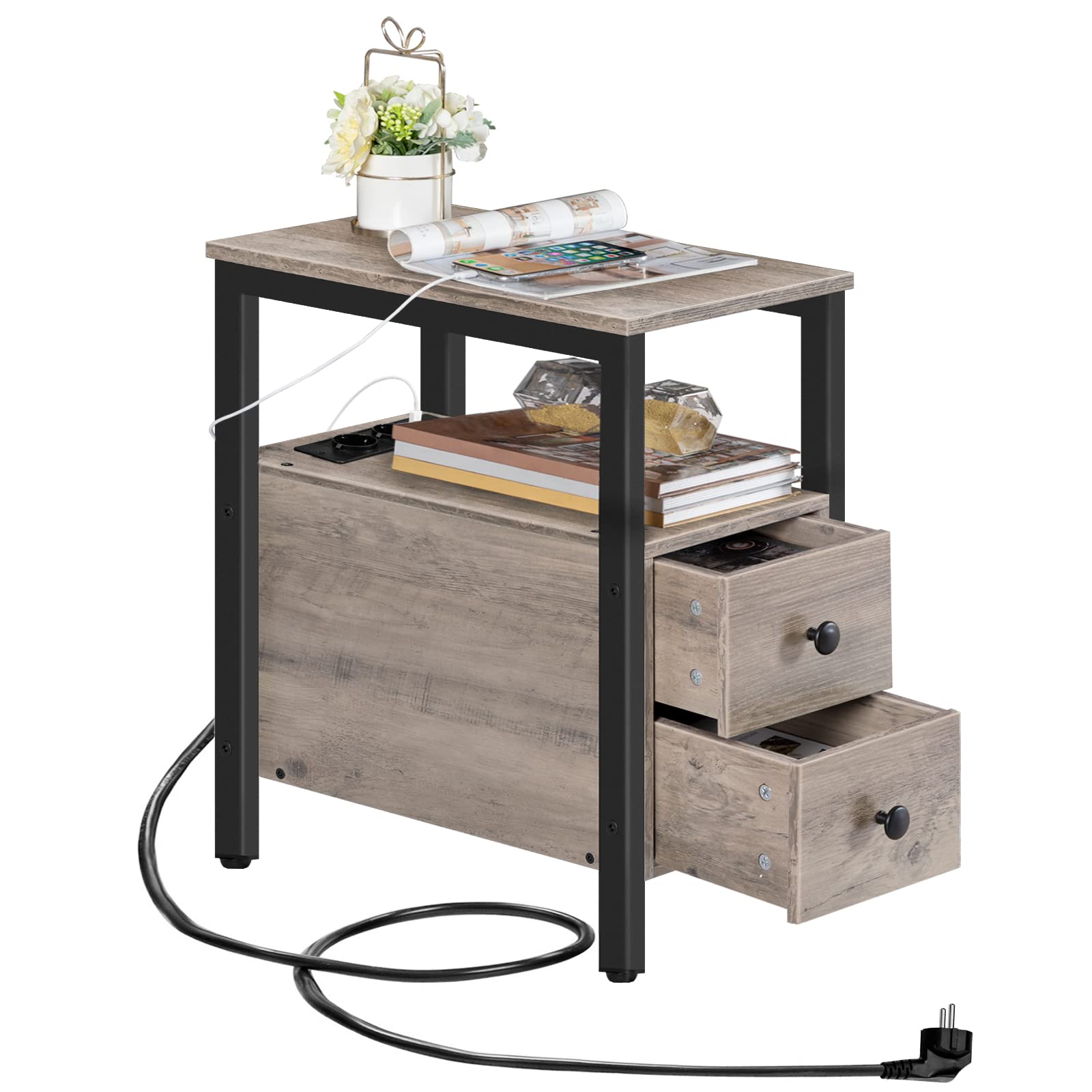 HOOBRO Table d'Appoint avec Station de Charge, Table de Chevet avec 2 Tiroirs, Ports USB et Prises de Courant, Bout de Canapé pour Petits Espaces, Salon, Chambre, Grège EBG542BZ01