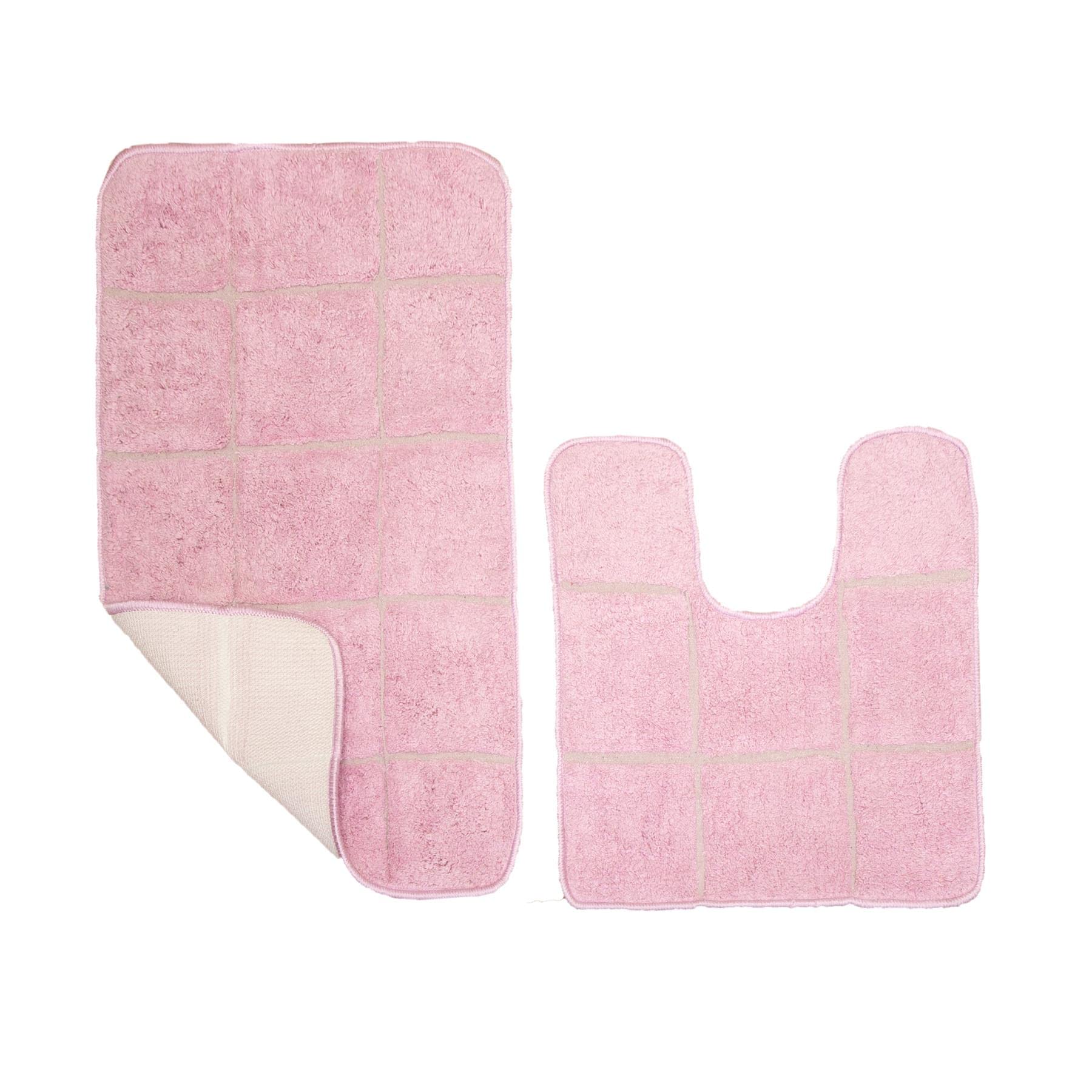 ED Anti-Slip Bath and Pedestal Mat Set 2 Piece 100% Cotton Quick Dry Washable Non-Slip Rubber Backing Soft Absorbent Water Soaking Mat Bathroom Carpet [CHECKED Pink]