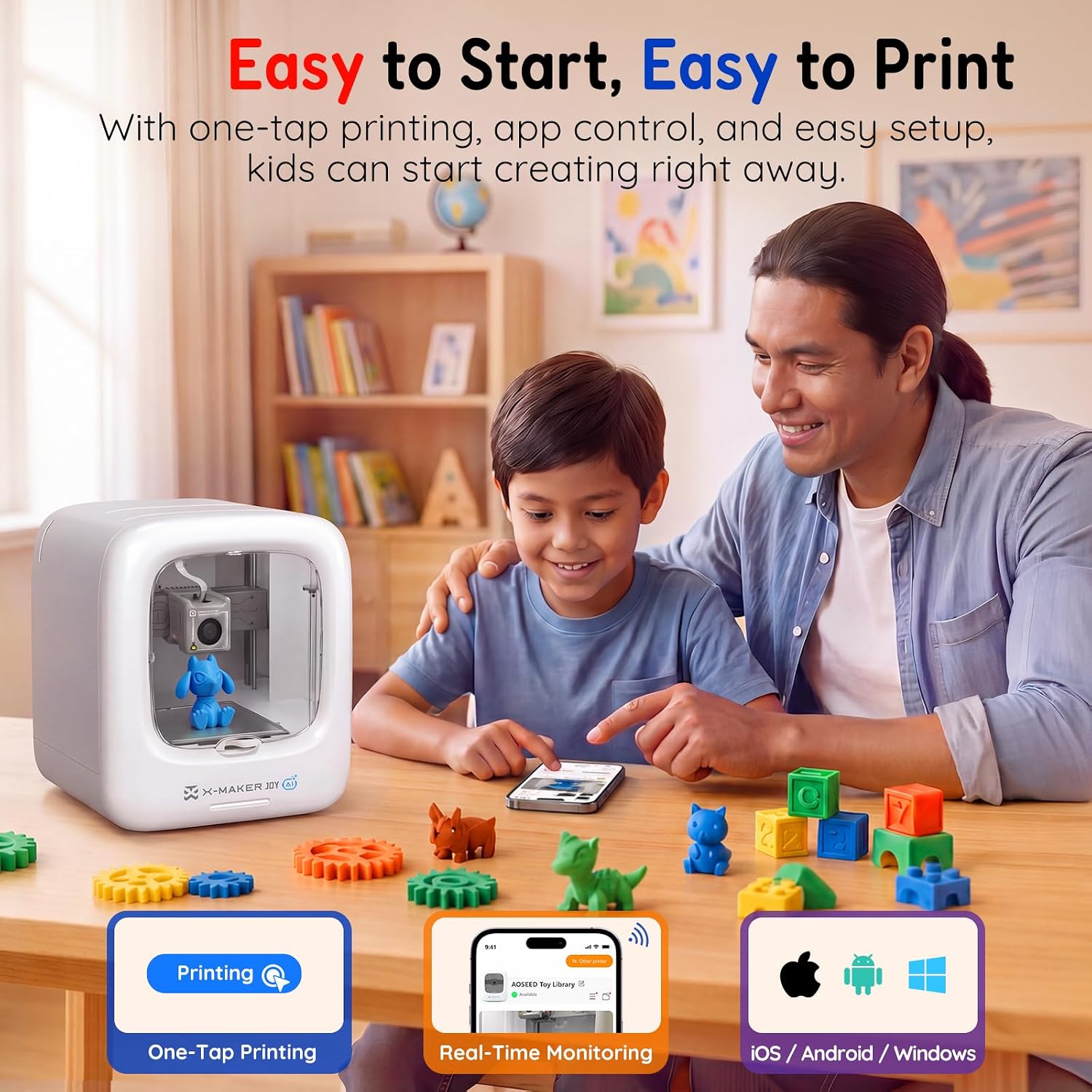 AOSEED AI 3D Printer for Kids, Fast 400mm/s, 8000+ Models, Enclosed Safe