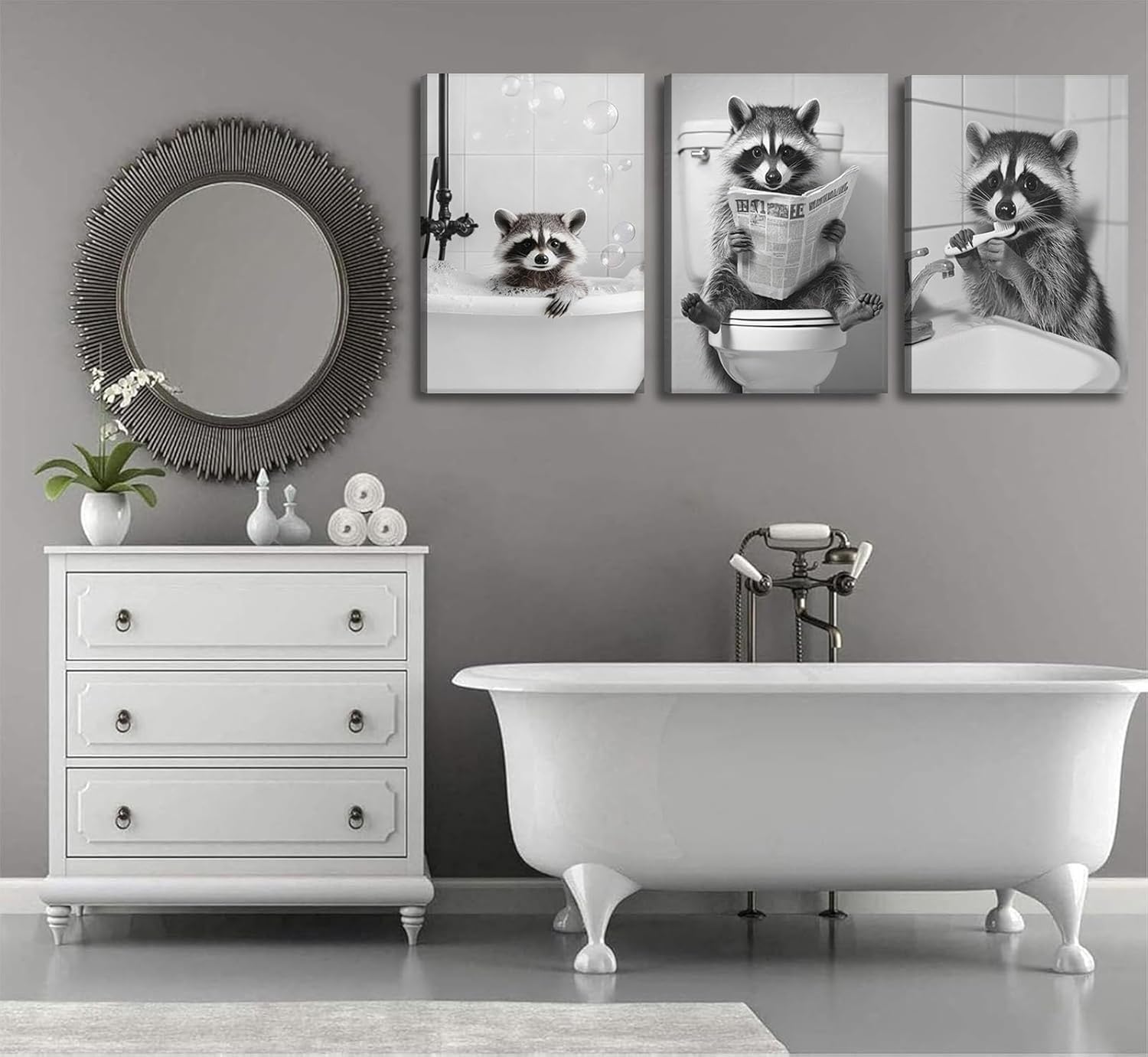 Funny Raccoon Bathroom Canvas Wall Art set of 3 Black and White Cute Raccoon Sitting on Toilet Poster Print Artwork Humor Adorable Animals Pictures Wall Decor for Washroom Restroom laundry 12x16in