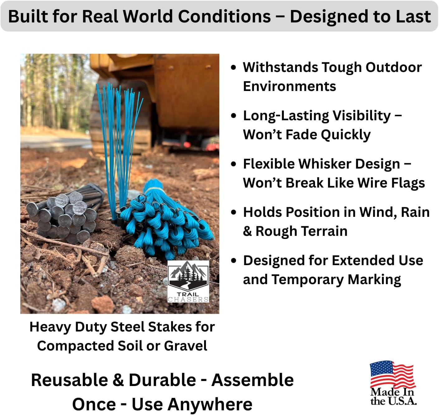 Trail Chasers® Blue Marking Flags (Whiskers), 6" Ground Markers with Steel Stakes, 25 Pack for Survey & Construction