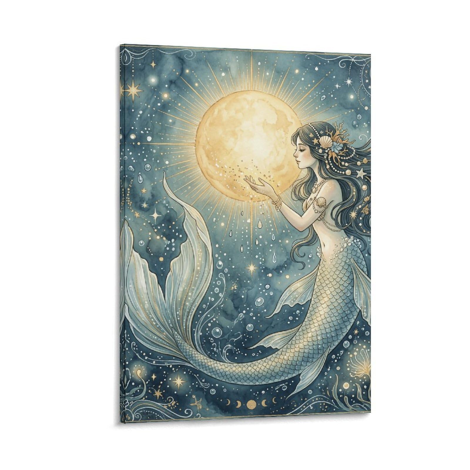 W7C8U2X3 Moon Mermaid Celestial Canvas Wall Art, Celestial Mermaid Wall Art