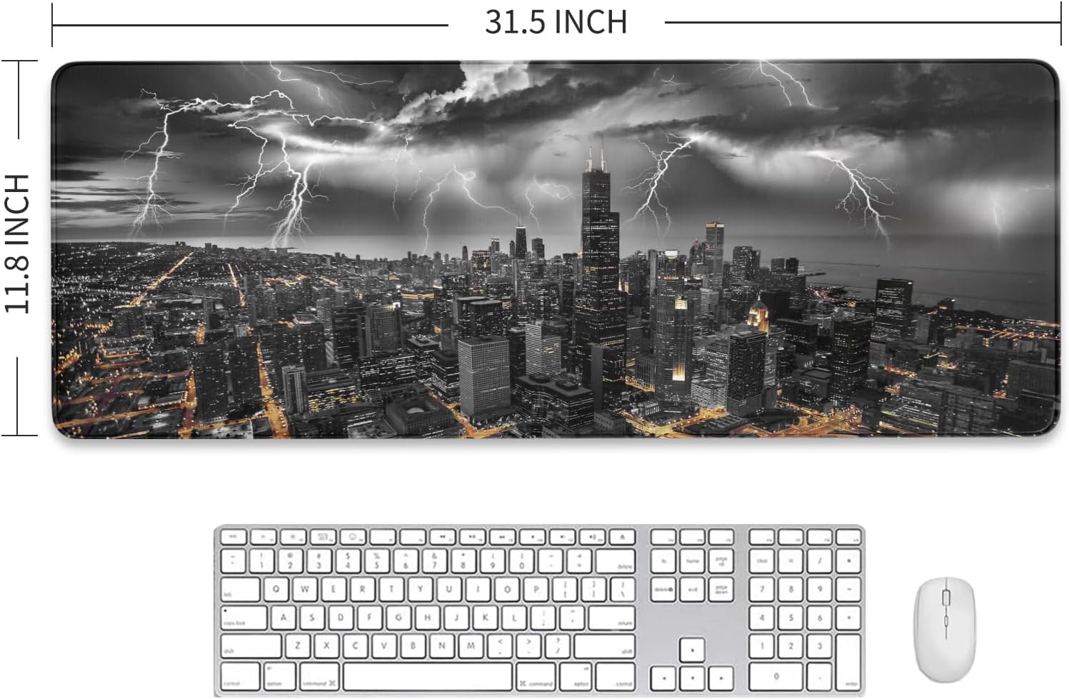 Chicago Desk Mat, Lightning Mouse Pad, Chicago Skyline Waterproof Mousepad, Black and White City Keyboard Mat, Stitched Edges and Non-Slip Base, Desk Pad for Office & Home, 31.5 X 11.8 Inch, 3mm Thick - Image 4
