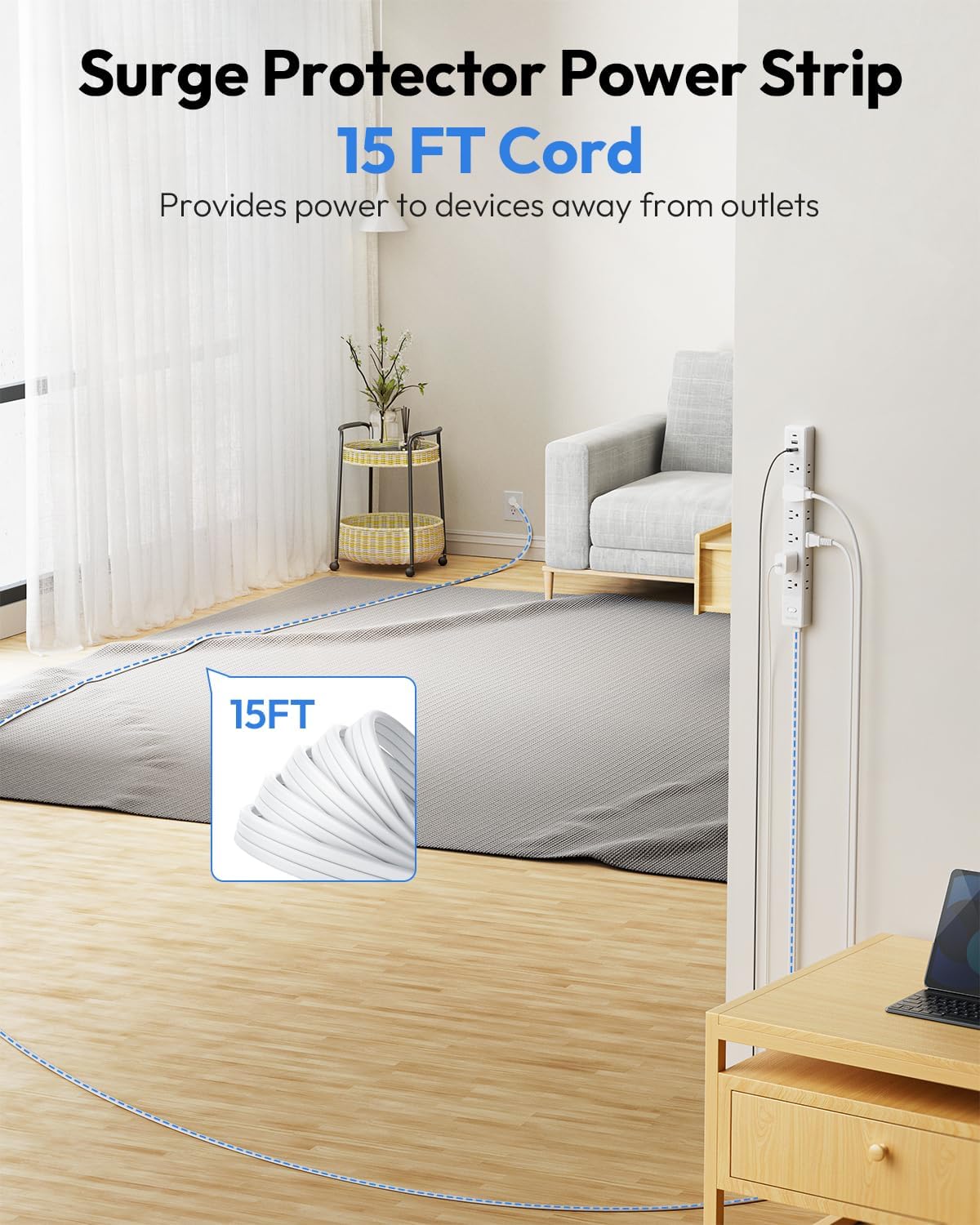 15 FT Flat Extension Cord with 12 AC Outlets with 3 USB Ports (1 USB C), 1875W 15A 14 Gauge 3 Prong, 1080J Long Surge Protector Power Strip, On-Off Switch, Mountable for Home Office Garage Workshop