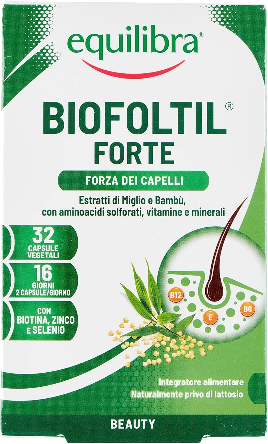 equilibra Integratori Alimentari, Biofoltil Forte, Integratore per il Benessere di Capelli e Unghie, a Base di Zinco, Selenio e Rame, con Ortica, Miglio e Bambù, 32 Capsule