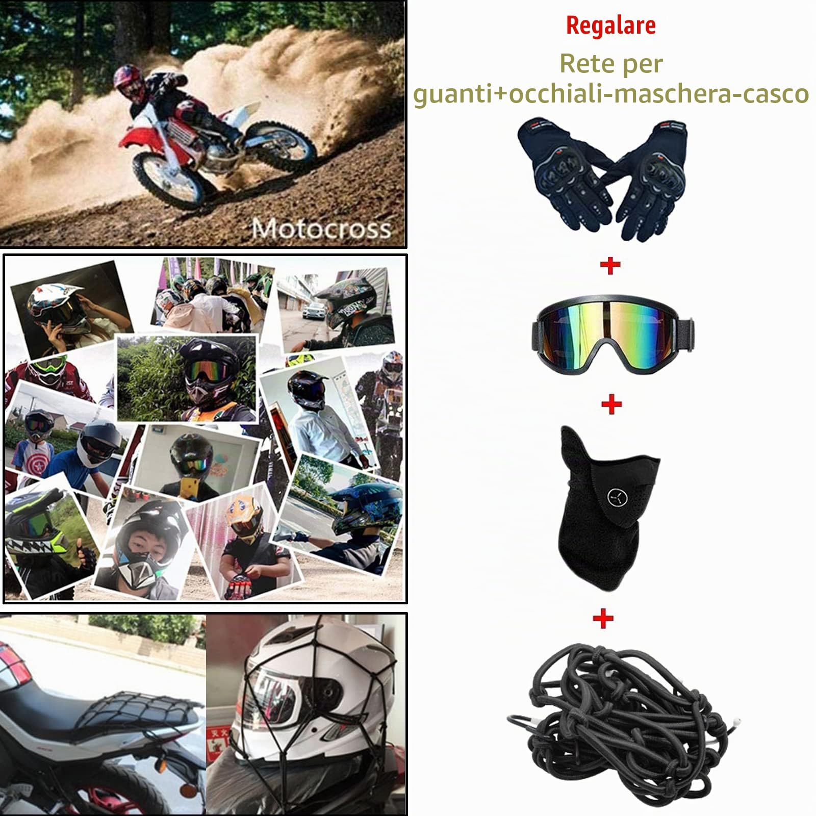 Casco Motocross Bambino Set, Casco da Cross, Casco Integrale da MTB Adulti E Bambini, Caschi Bicicletta Downhill MX Enduro con Occhiali Guanti Mask Rete Del Casco (S-XL, 52-59CM)