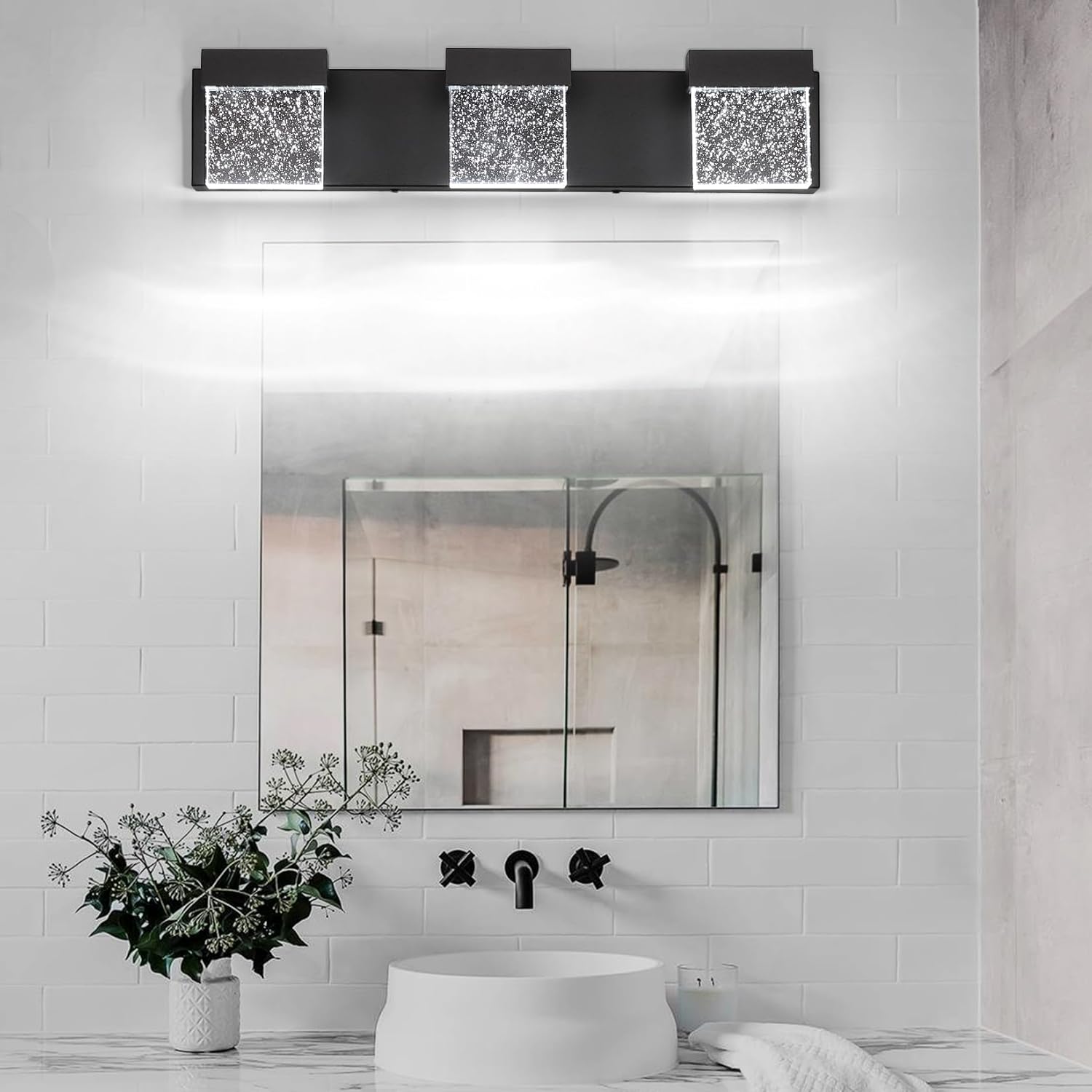 Crystal Black Light Fixtures, 3 Light Vanity Lights, LED Over Mirror, Modern Bathroom Vanity Light 6000K