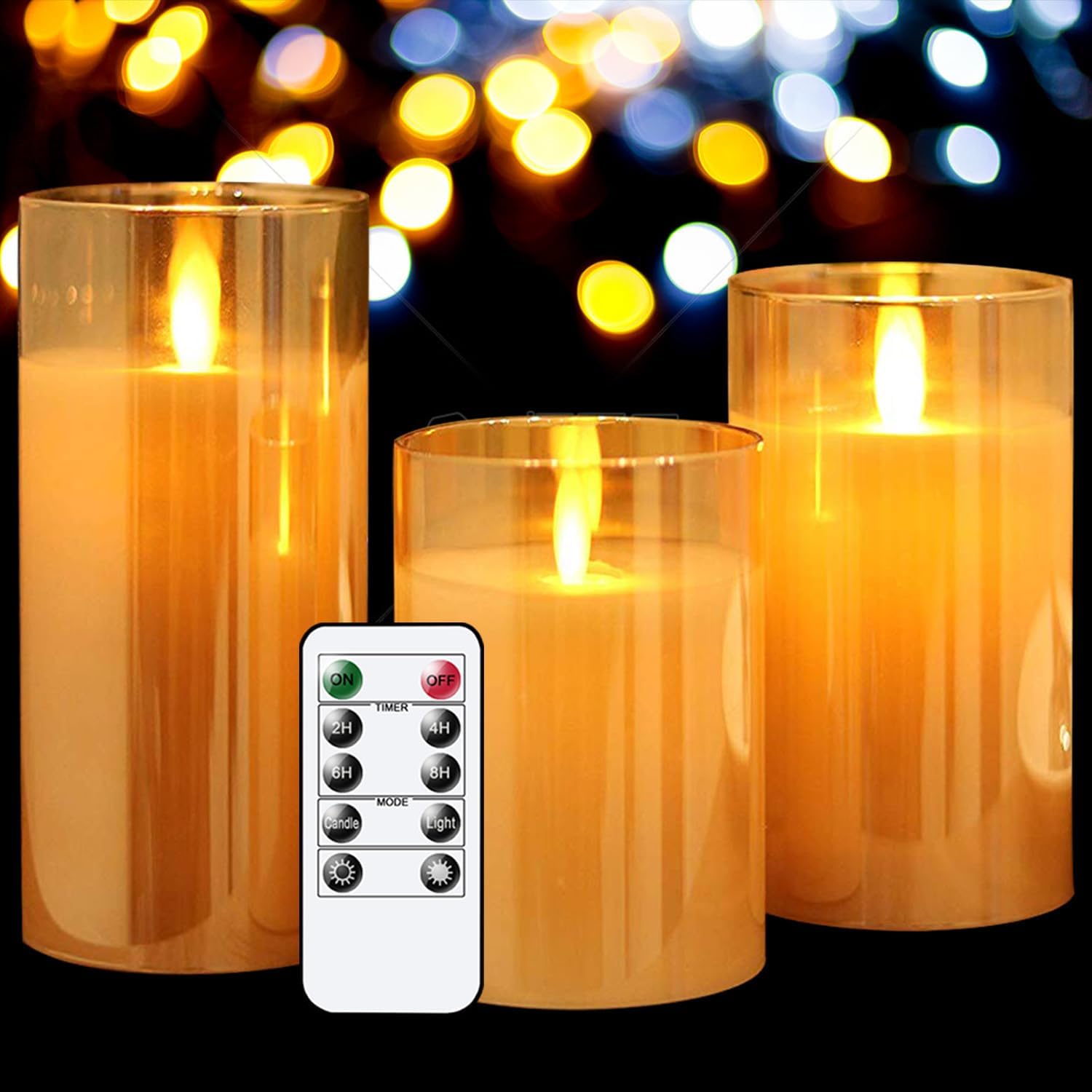 GenSwin LED Flameless Flickering Battery Operated Candles with Remote Timer, Real Wax Moving Wick Pillar Glass Candles for Festival Wedding Christmas Home Party Decor(Gold, Pack of 3)