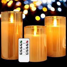 GenSwin LED Flameless Flickering Battery Operated Candles with Remote Timer, Real Wax Moving Wick Pillar Glass Candles for Festival Wedding Christmas Home Party DecorGold, Pack of 3