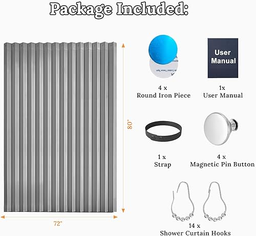 Miniatura 9 de South to East Cortina de ducha impermeable, cortina de ducha plegable magnética resistente, no tóxica, 72 x 80 pulgadas, juego de cortinas de baño