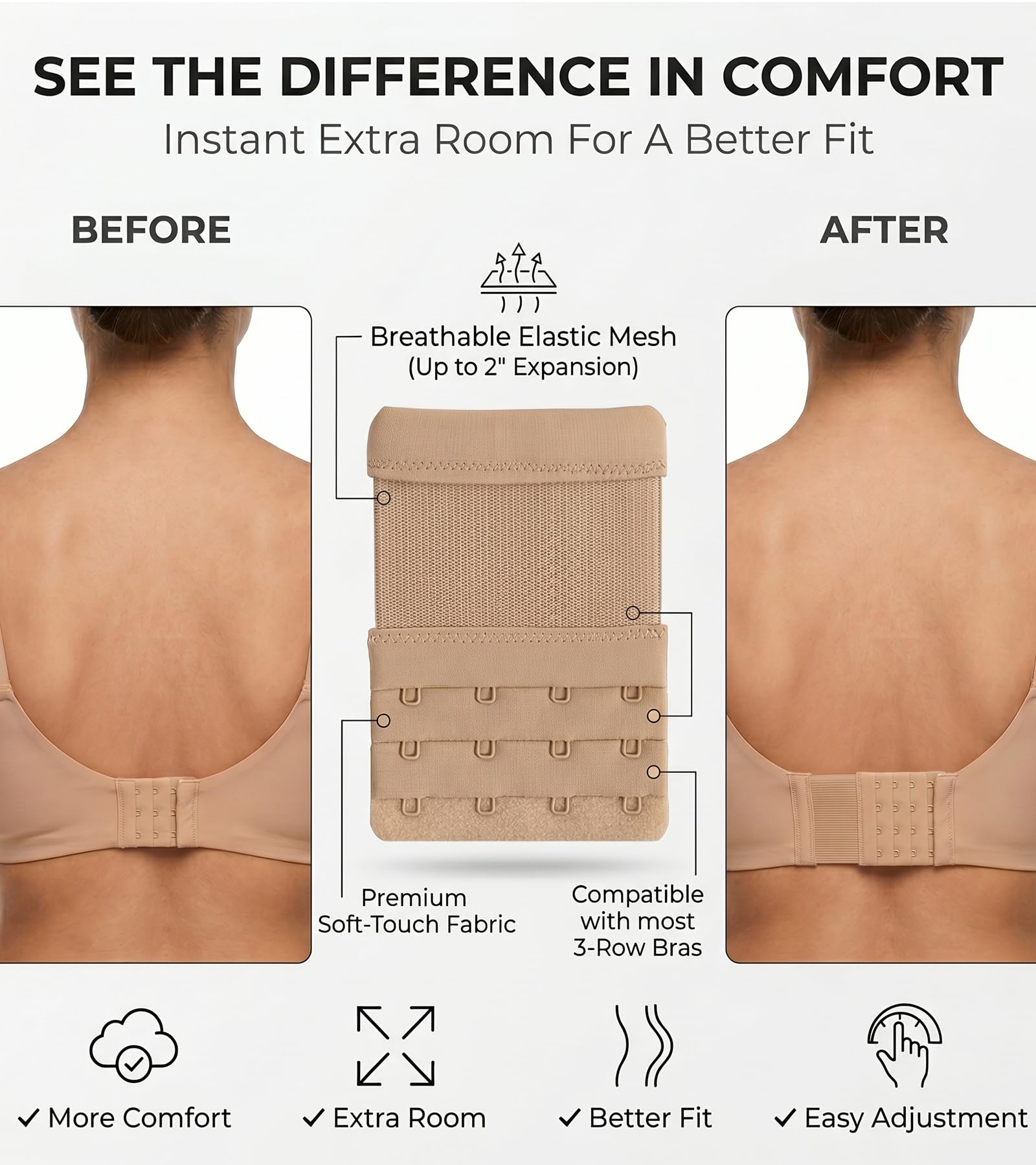 DClub Extensor de brasier con 2 ganchos, elástico, suave y cómodo, extensor de correa de brasier para mujeres en embarazo o aumento de peso., Piel, 3 PIECES