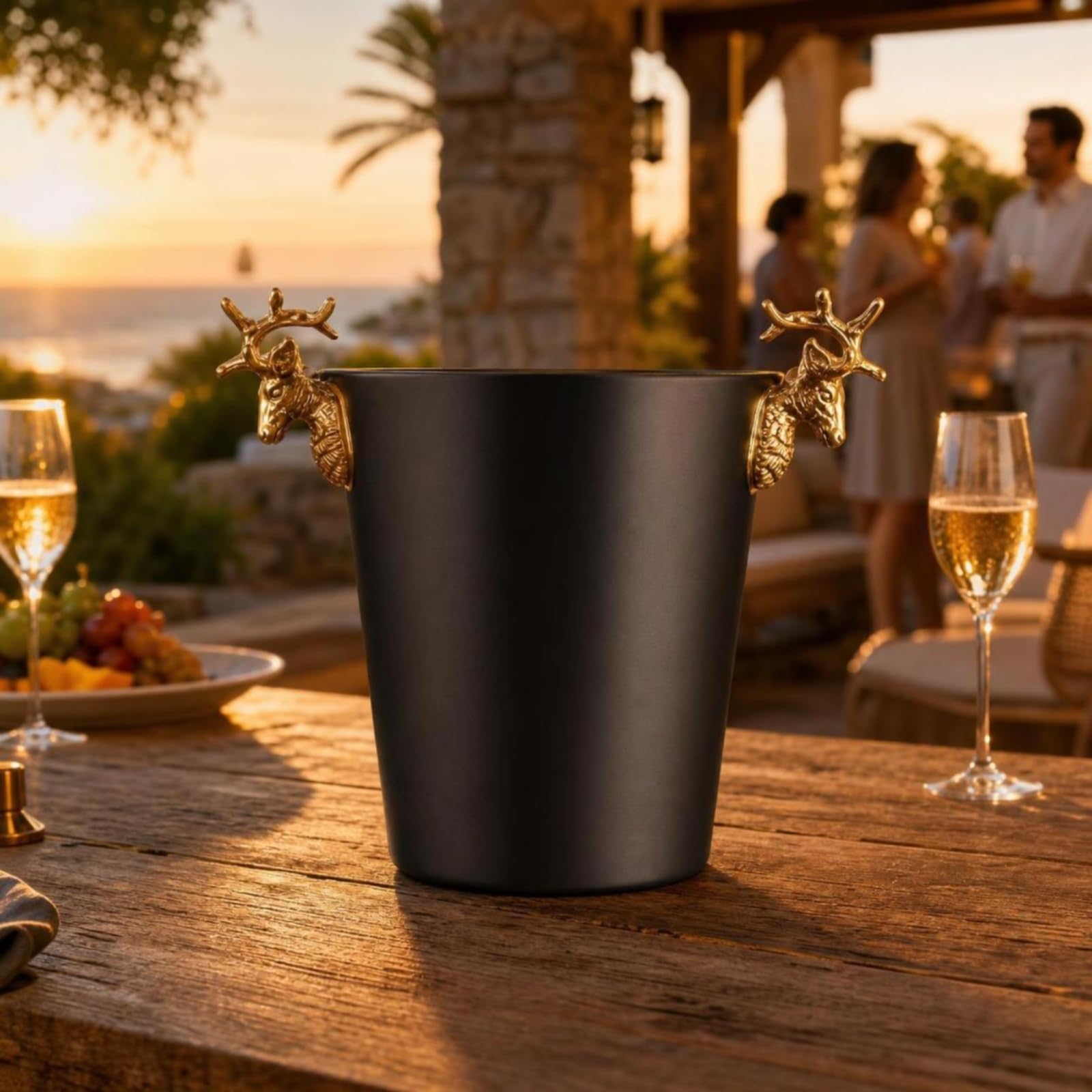 Cubo Hielo con Asta Elegante Hielera Acero Inoxidable Recipiente para Fiestas, Negro, Mediano 3L