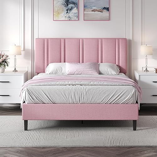 Miniatura 17 de Base de cama de tamaño matrimonial con cabecera ajustable, plataforma tapizada de tela de lino con listones de madera, no requiere somier, fácil