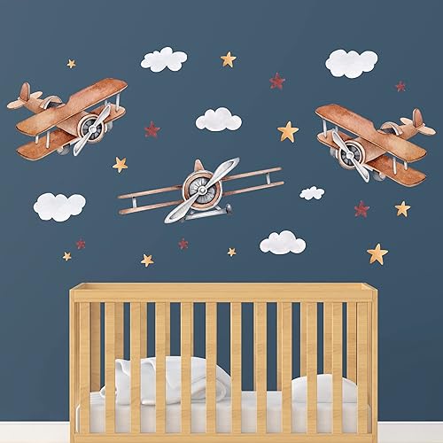 Calcomanías de pared de avión grandes para niños, calcomanías de pared modernas multicolor de dibujos animados de avión de guardería, calcomanías de