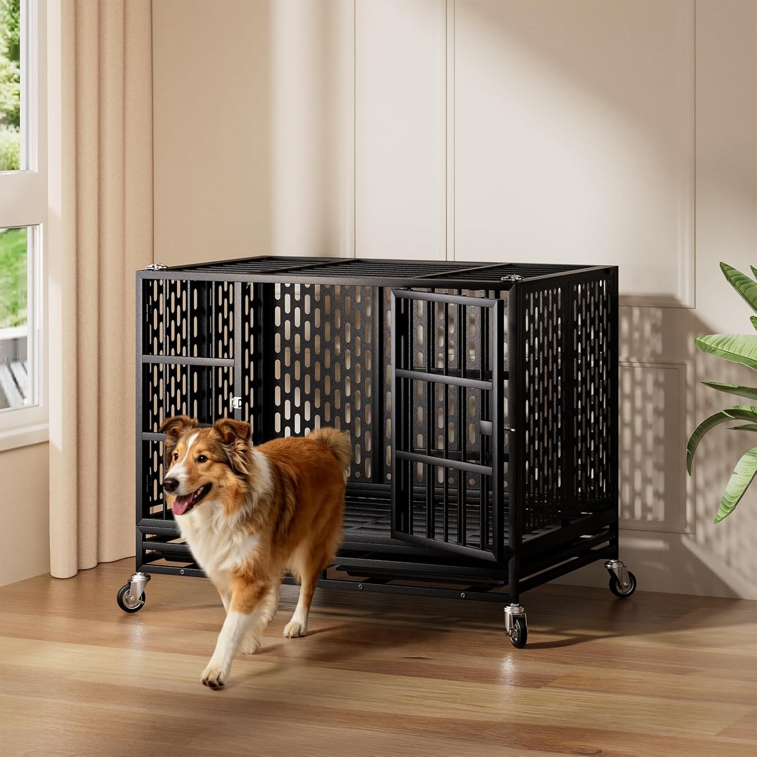 37 Inch Heavy Duty Dog Crate with Wheels,Indestructible Escape-Proof Dog Kennel with Locking Latch and Double Door,Extra Large XL XXL Crate Indoor for Large and Medium Dog with Removable Tray