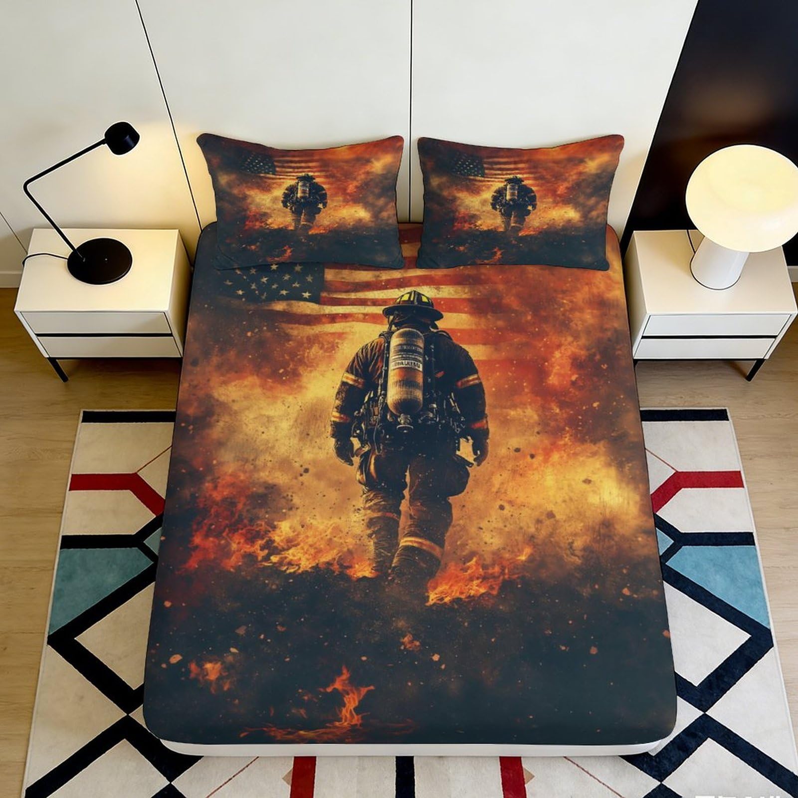 3D Printed Firefighter American Flag Fitted Sheet Microfiber Anti-Slip Bed Cover for Bedroom Dorm Easy Care 90x200x25cm