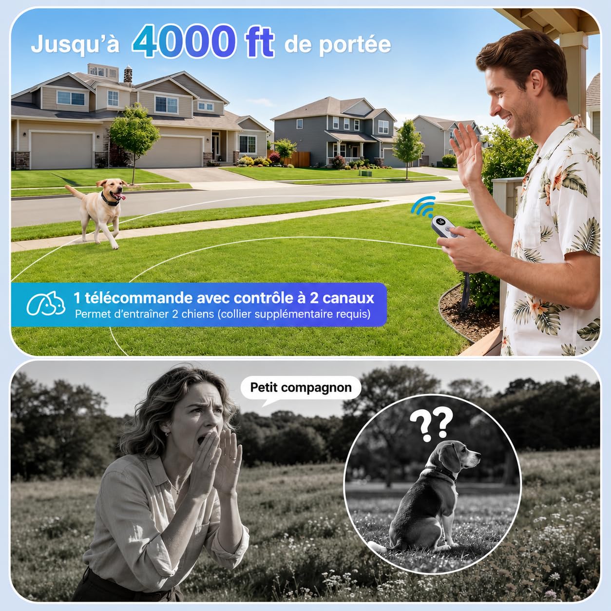 Collier Dressage Electrique Chien Portée 1200m, Collier Anti-Aboiement | 1-16 Niveaux Entraînement, Étanche Rechargeable, 3 Modes de Dressage BIP Vibration Choc, Adapté à Tous Les Chiens