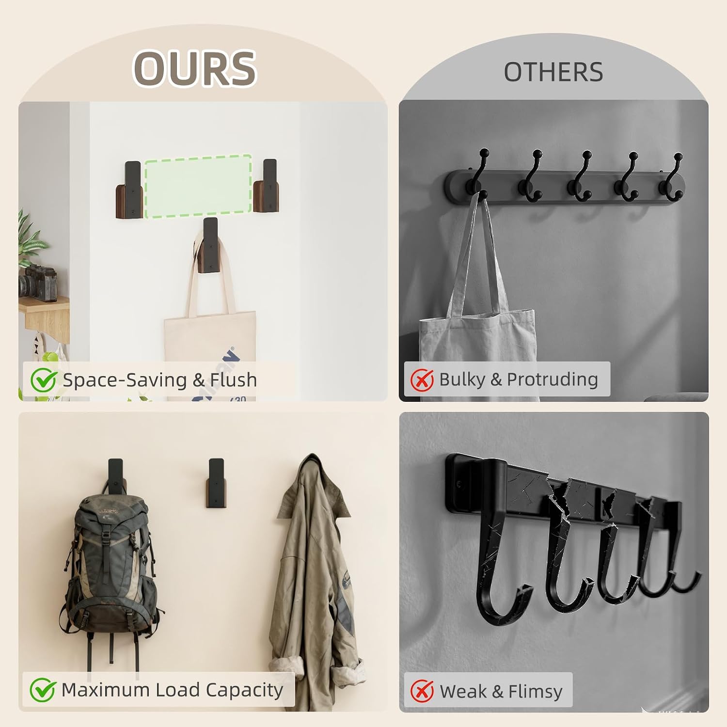 Wood Wall Hooks, Heavy Duty Coat Hooks Wall Mounted, 22lbs Load Bearing Solid Hooks for Hanging Coats, Bags, Towels, Hats, Decorative Wall Hooks for Bedroom, Bathroom, Entryway- Set of 3