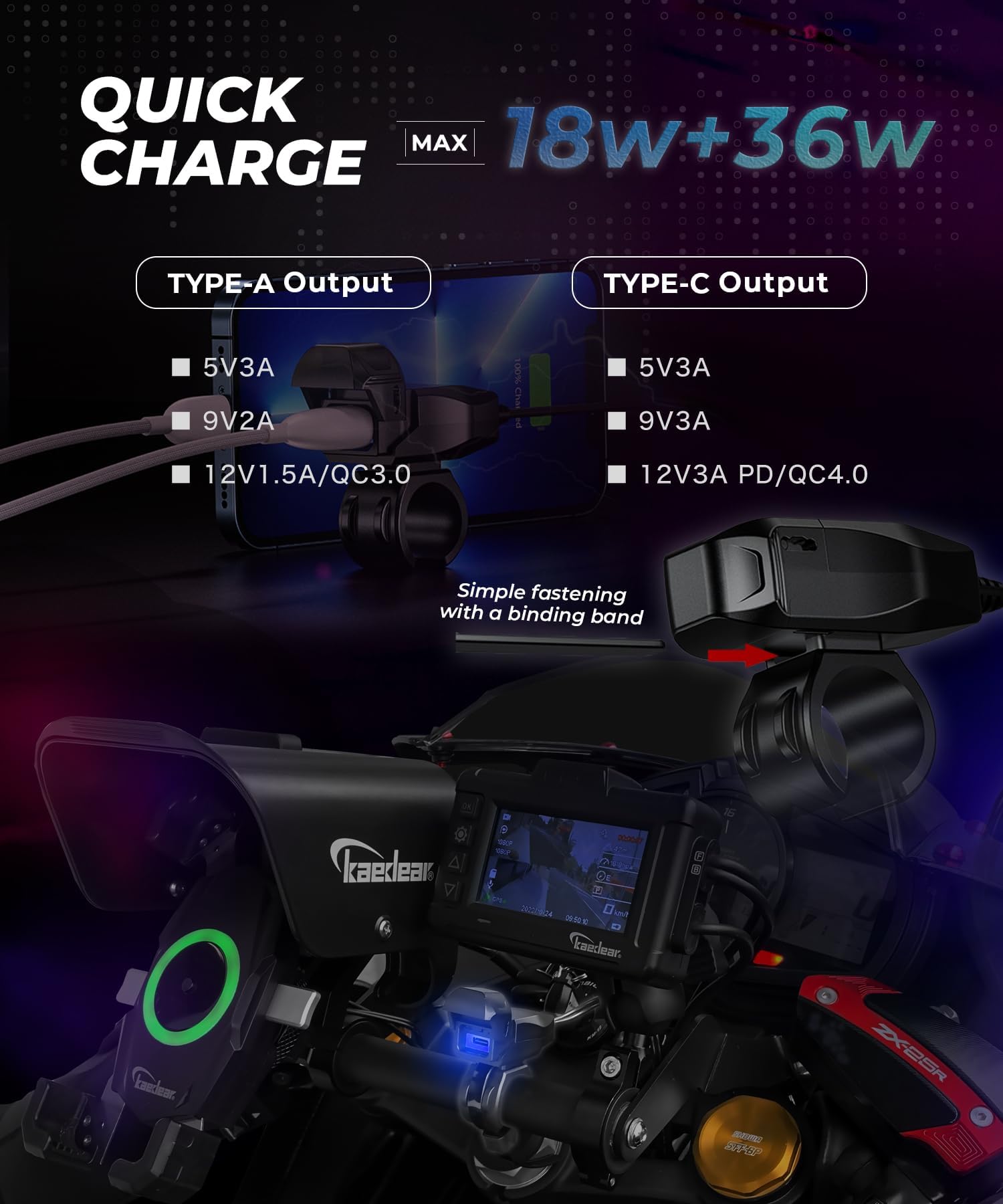 KAEDEAR Cargador de motocicleta USB-A y USB-C con interruptor, KDR-M3-AC