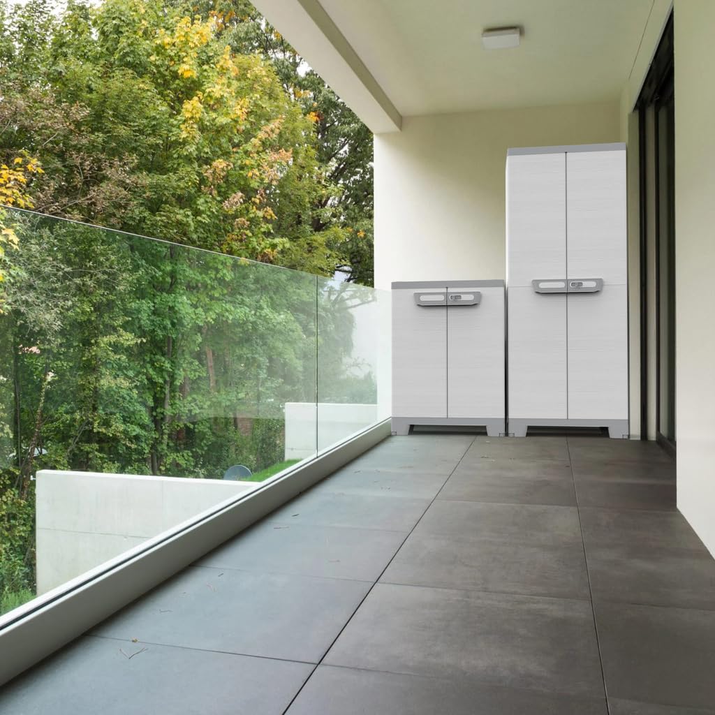 Kreher Kunststoffschrank Holzoptik (Beistellschrank mit 1 Boden) | Wetterfester, abschließbarer Mehrzweckschrank, Spindschrank und , für Keller, Garage und Balkon