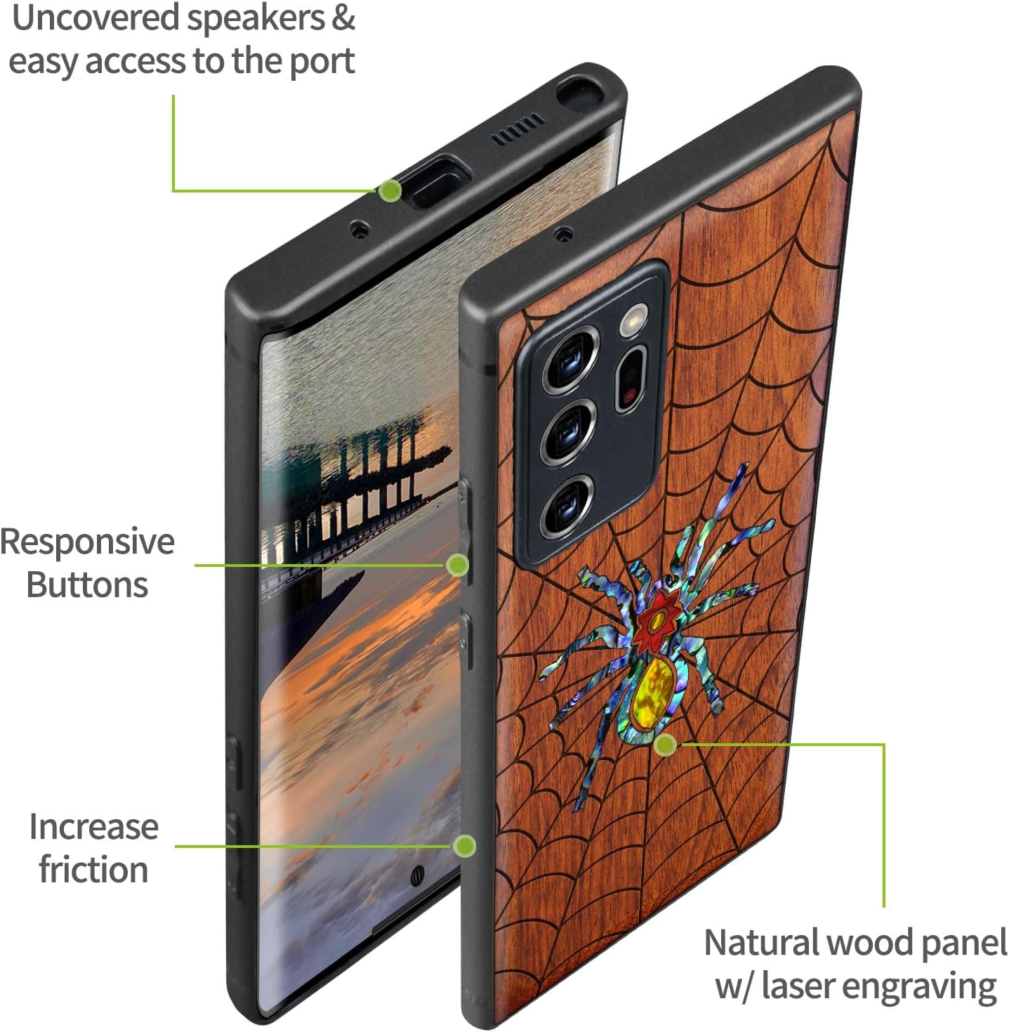 Carveit Designer Wooden Case for Samsung Galaxy Note20 Ultra Case Cover [Wood Engraving & Shell Inlay] Compatible with Wireless Chargers Galaxy Note20 Ultra (Spider Web)