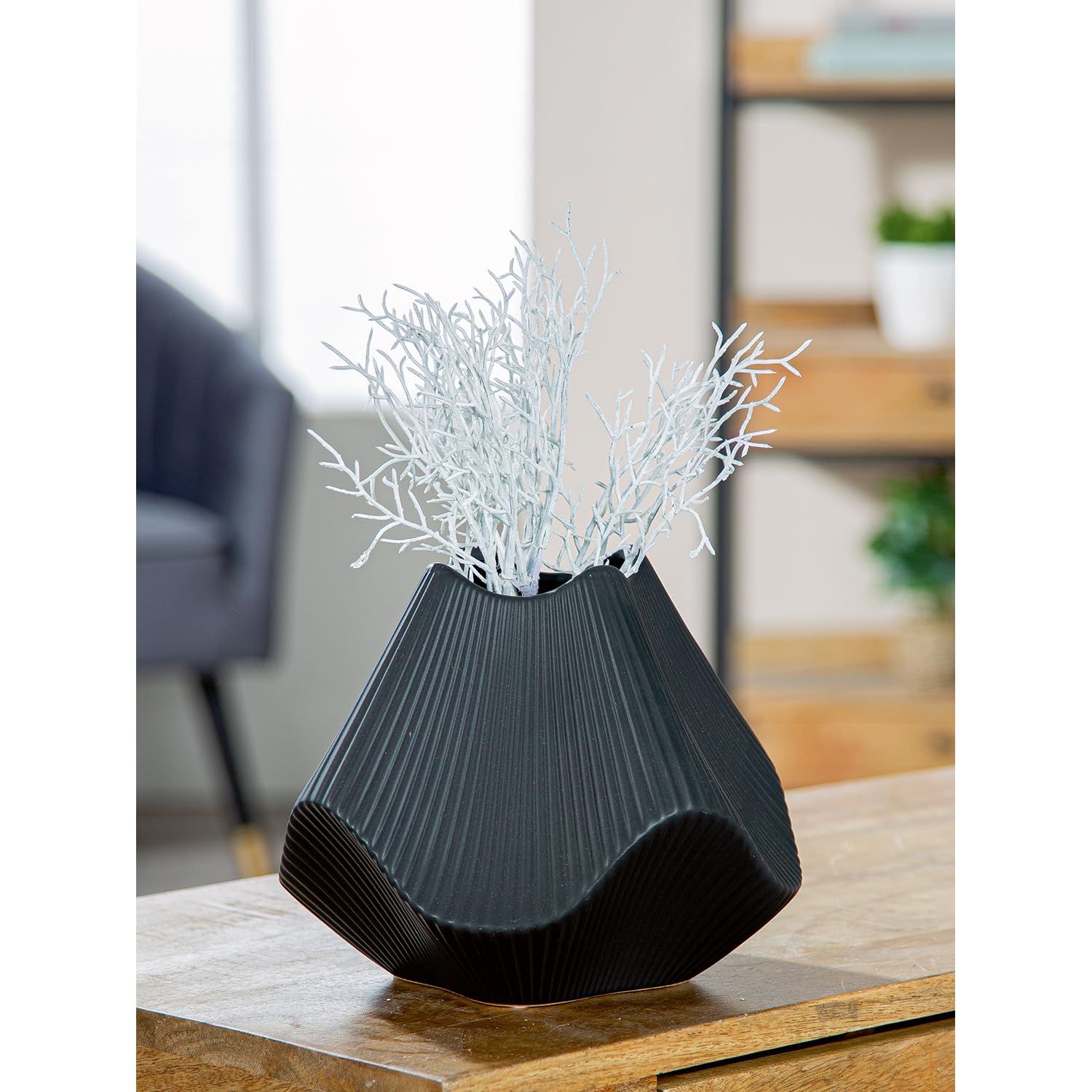 GILDE Vaso a lamelle – nero opaco – ceramica – altezza 19 cm x larghezza 22 cm – vaso decorativo