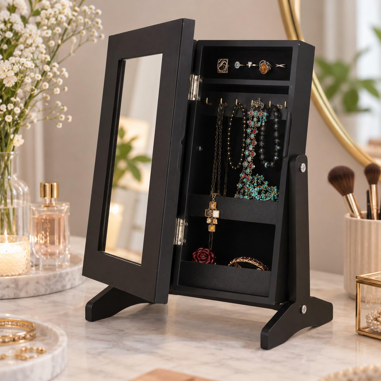 KADAX Boîte à bijoux avec miroir, 21 x 15 x 30,5 cm, boîte en panneau MDF, boîte à bijoux avec pieds, étui à bijoux pour chaînes, bagues (noir)
