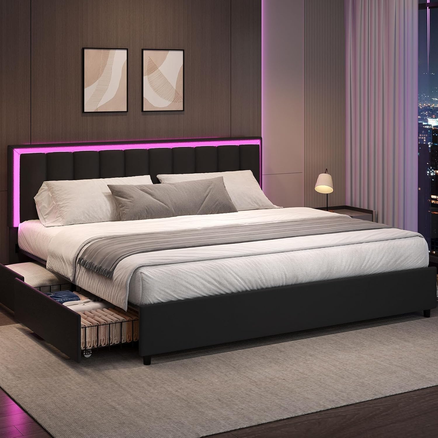 IMMERSTABLE Bed Frame King Size with 4 Drawers, King Bed Frames with LED Lights, Upholstered Bed Frame King and Headboard, No Box Spring Needed, Noise-Free, Easy Assembly, Black