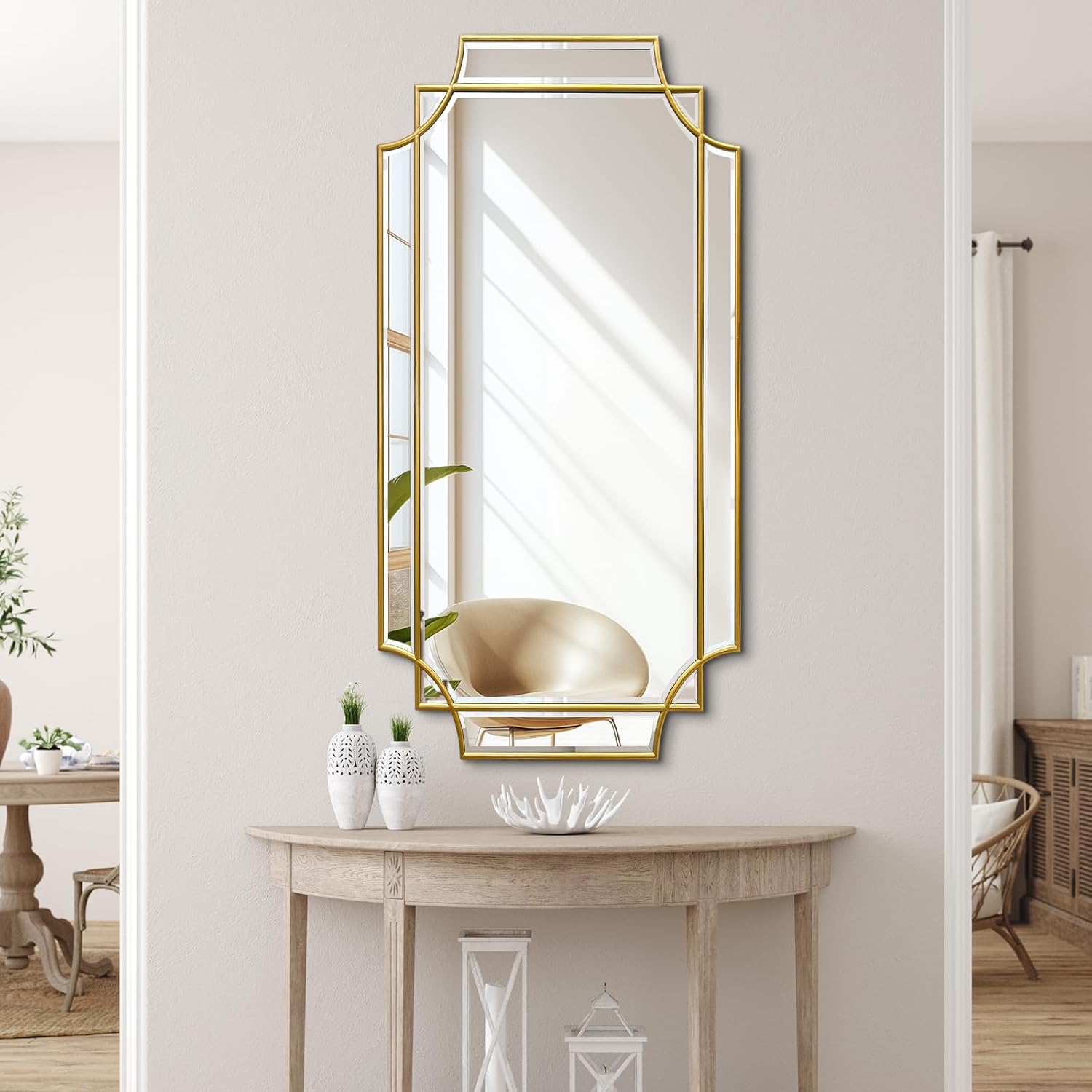 Gold Beveled Mirror, 24"x47.2" Large Geometric Art Deco Mirror with Wood Frame, Modern Rectangle Wall Mirrors for Living Room Bedroom Entryway Hallway, Horizontal or Vertical Hanging