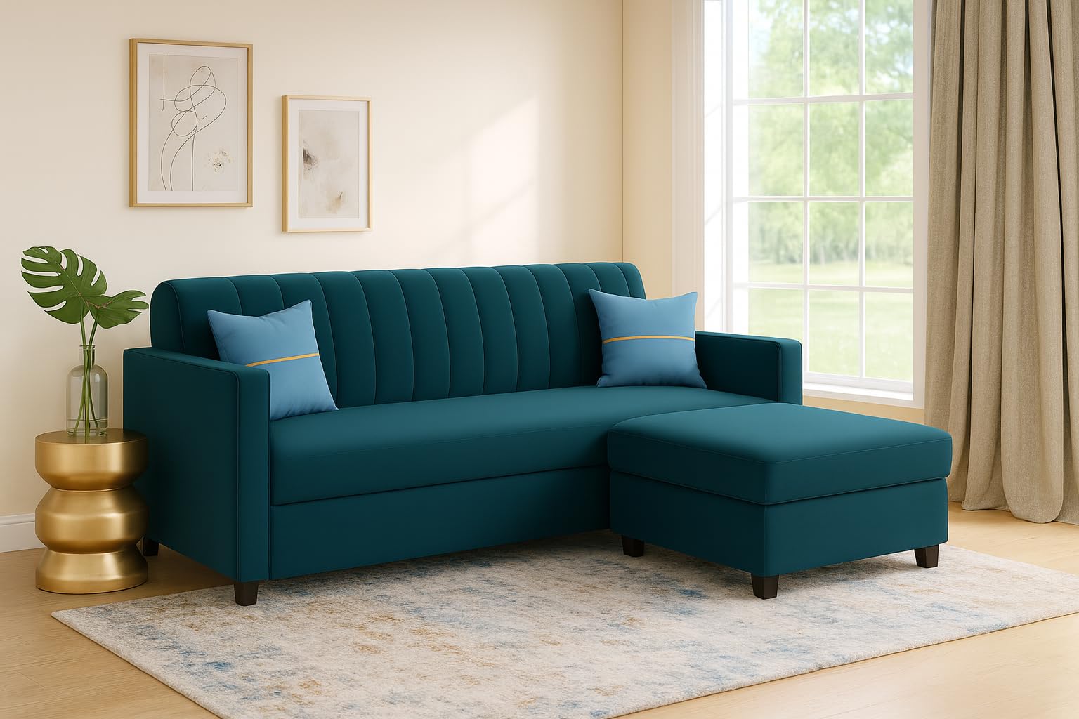 FURNY Premium Moshi 4 Seater L Shape Sofa Set, Fabric 3 Seater Sofa with 1 Ottoman Sofa Set for Living Room | with Velvet Fabric | 3- Year Warranty in Teal Color-image-32