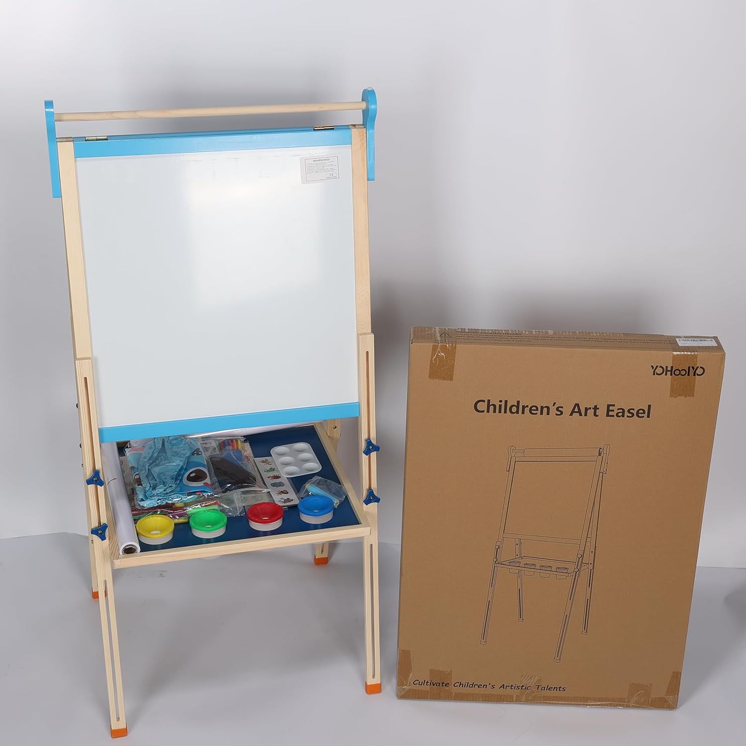 YOHOOLYO Kids Easel Wooden Children Art Easel Paper Roll,Double Sided Magnetic Whiteboard Chalkboard Dry Eraser Adjustable Height for Boys Girls Gifts