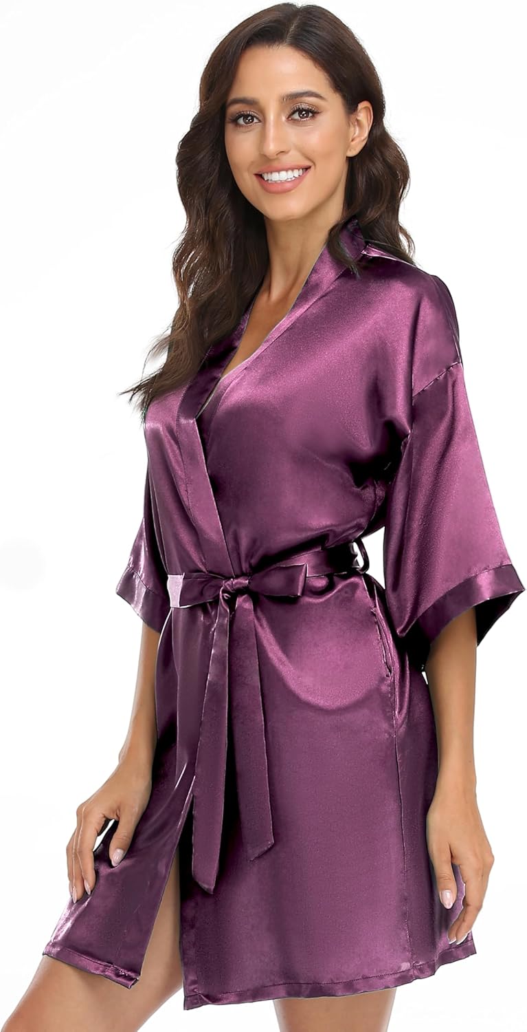 Women's Short Kimono Robe Pure Satin Silky Robes Bride Bridesmaid Wedding Party Sleepwear with Pockets - Image 3