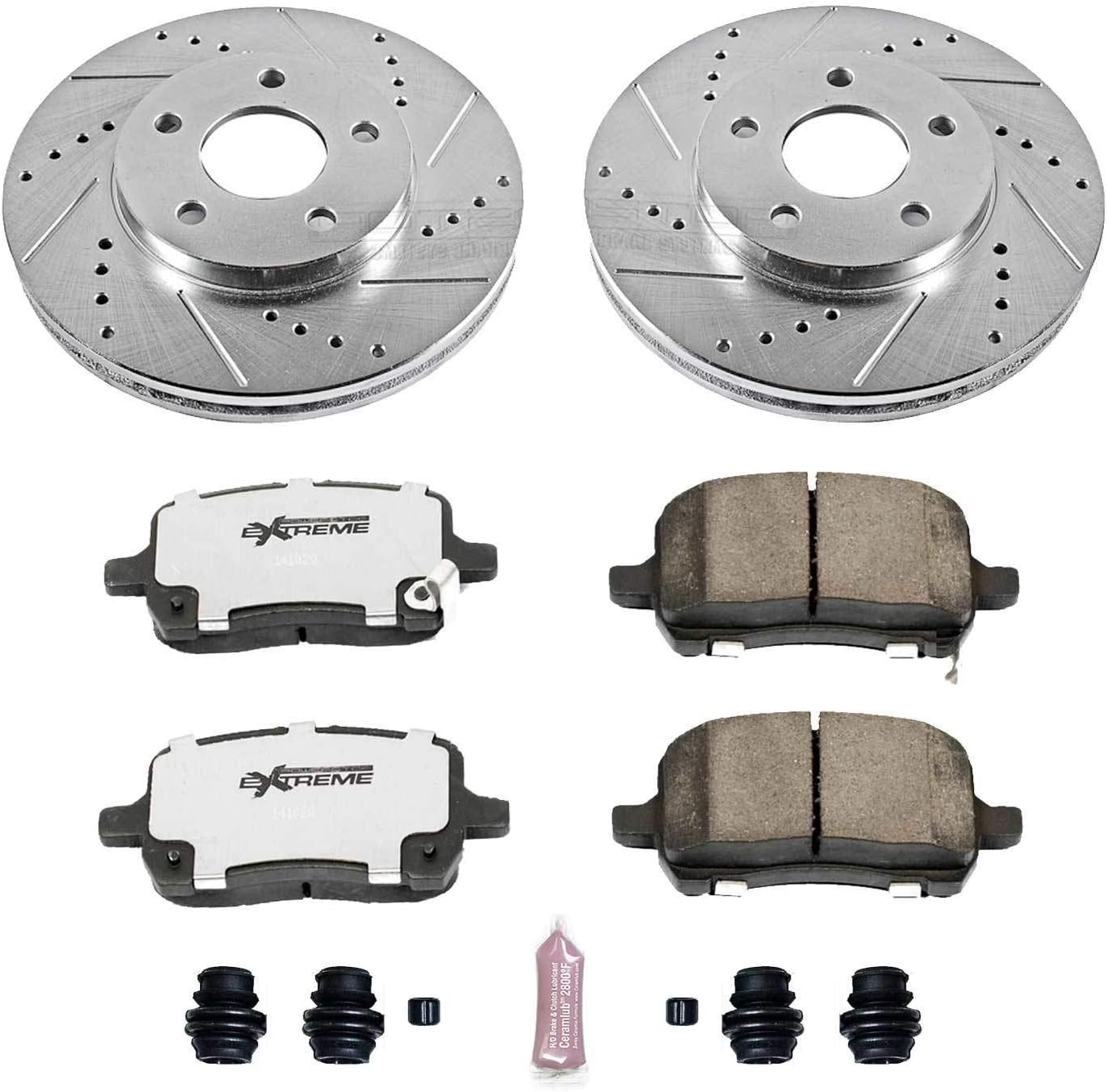 PowerStop Front Brake Kit For Chevrolet HHR 2008-11 - Carbon Fiber Ceramic Brake Pads + Drilled & Slotted Rotors Upgrade, K1448-26