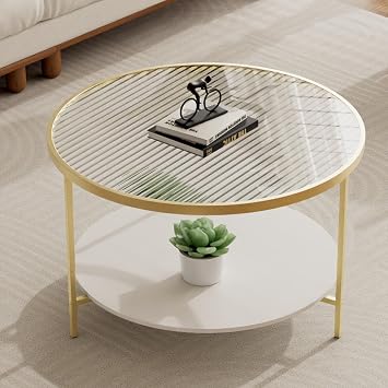 Glass Top Coffee Table,Small Round Modern Coffee Tables for Small Spaces,2-Tier Round Glass Table with Storage Shelf for Office Reception Room,Rainbow Gold,60x46cm