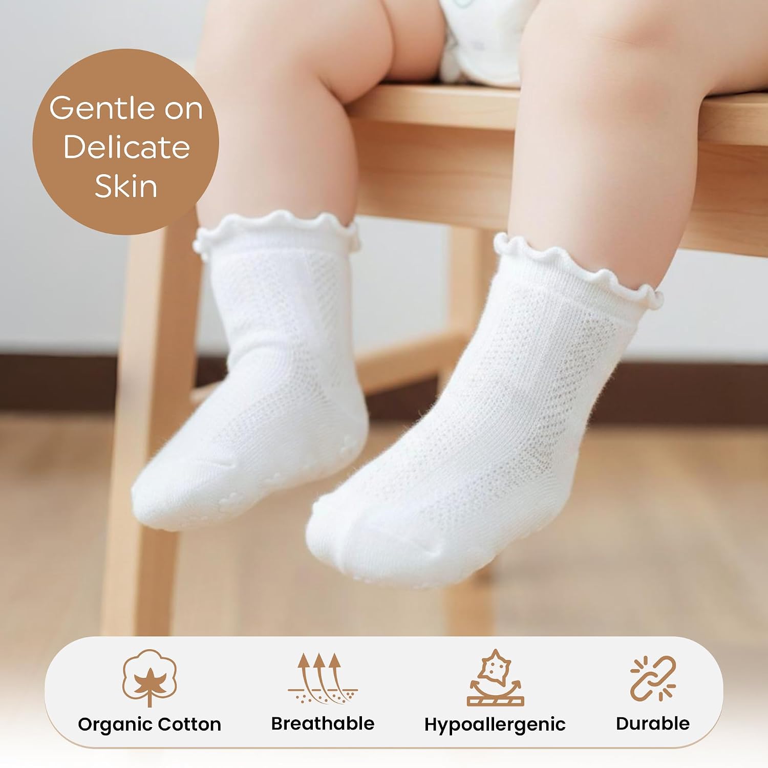 Mother's Choice Organic Cotton Socks For Boys Girls Breathable Non Slip Toddler Socks 2t-3t-4t-5t Ruffle Baby Socks 6-12 M
