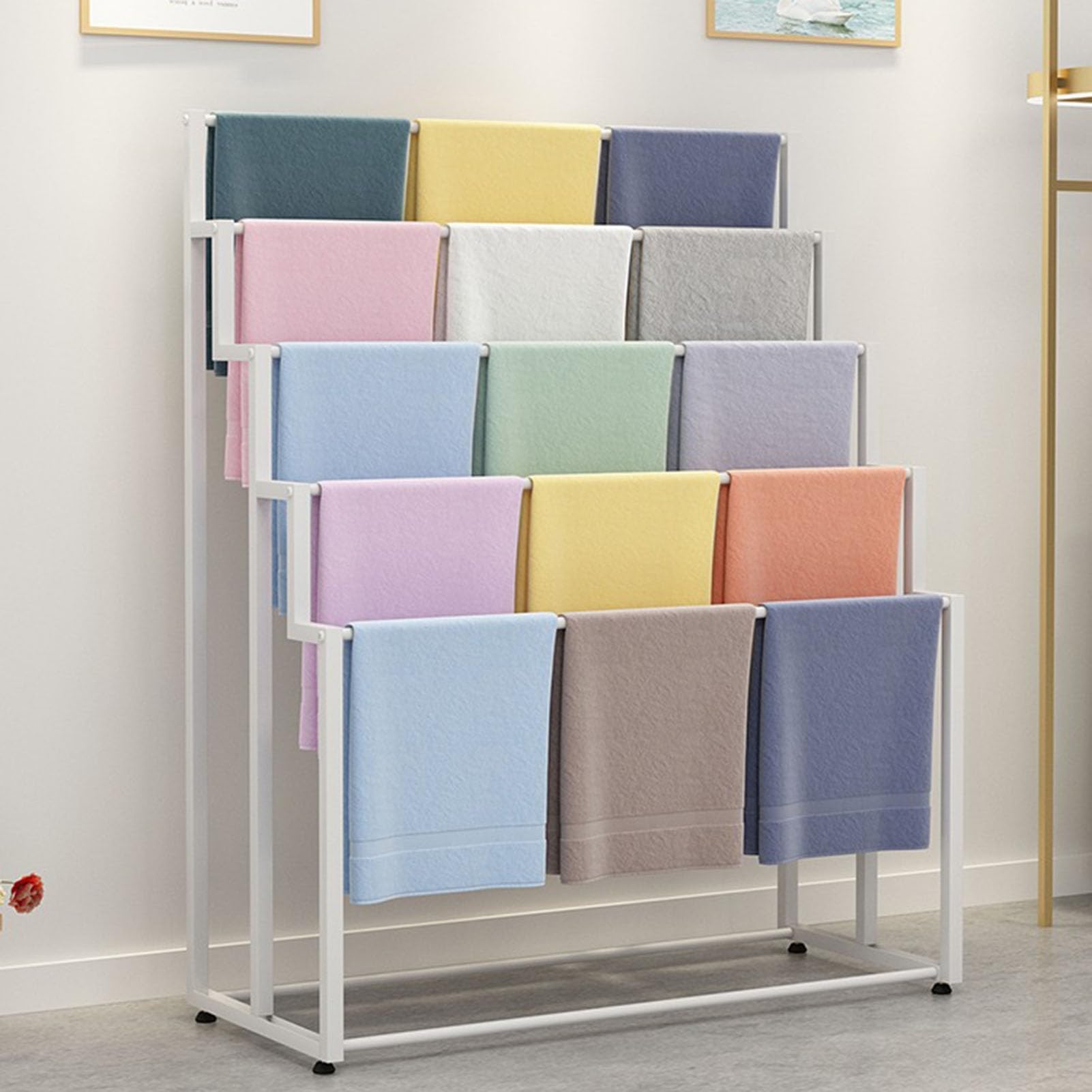 Prettiee 5Layer Gold Metal Scarf Display StandFloor Standing Tie & Hijab nizer for Clothing Stores Retail Boutiques and Towel HoldersVersatile Belt & Pants Hanging Rack (White 100 * 40 * 150cm)