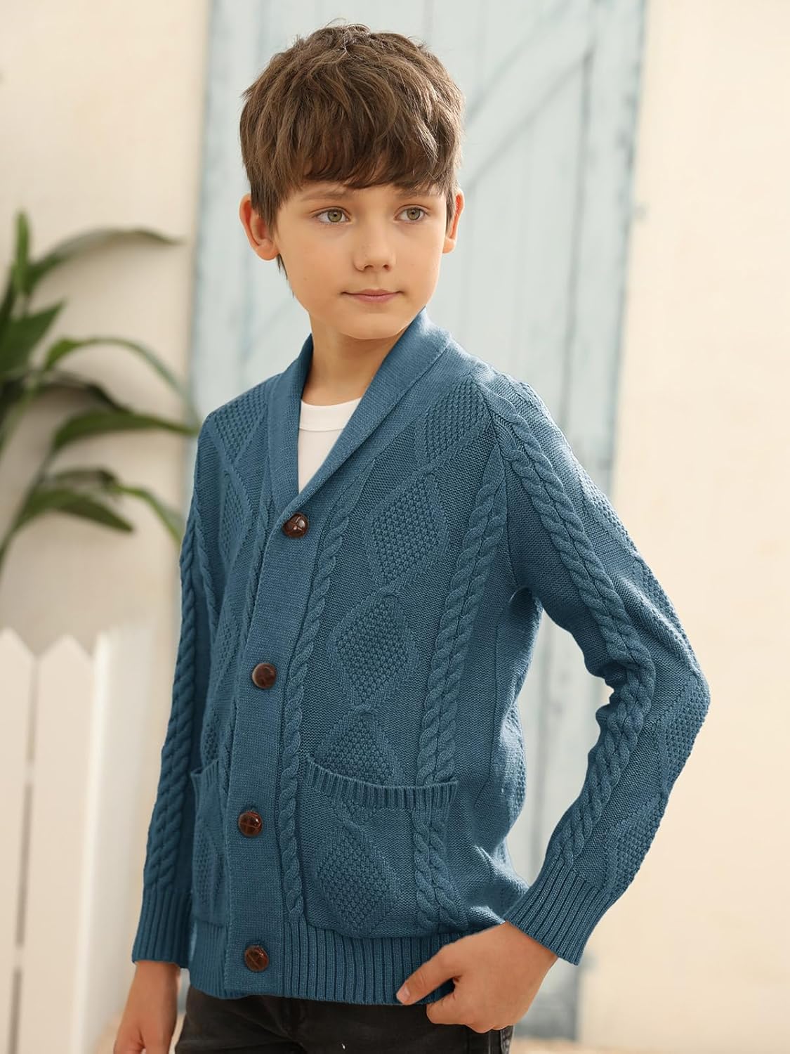 Boy's Sweater Cardigan Button Down Shawl Collar Cable Knitted Outwear Sweater Coats with Pockets - Image 5