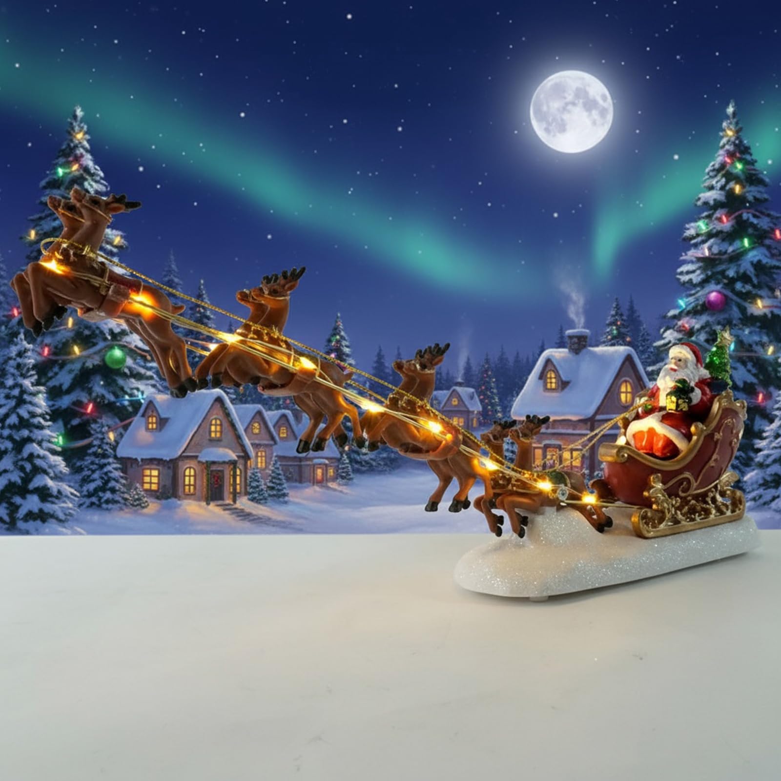 Crgangzy Brown Christmas Santa Claus Sleigh And Reindeers Figurine With Led Lights Music, Light Up Xmas Reindeer Car Father Christmas Sleigh Ornament, Santa In Sleighs With Flying Reindeer Ornament